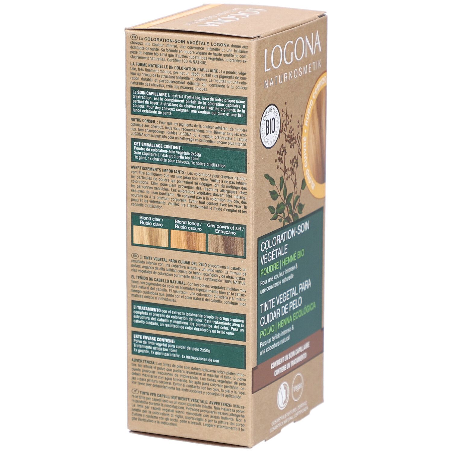 Karton mit Pflanzenhaarfarbe. Rückseite mit Produktinformationen. LOGONA Naturkosmetik, Kupferblond Bio. Vegan.