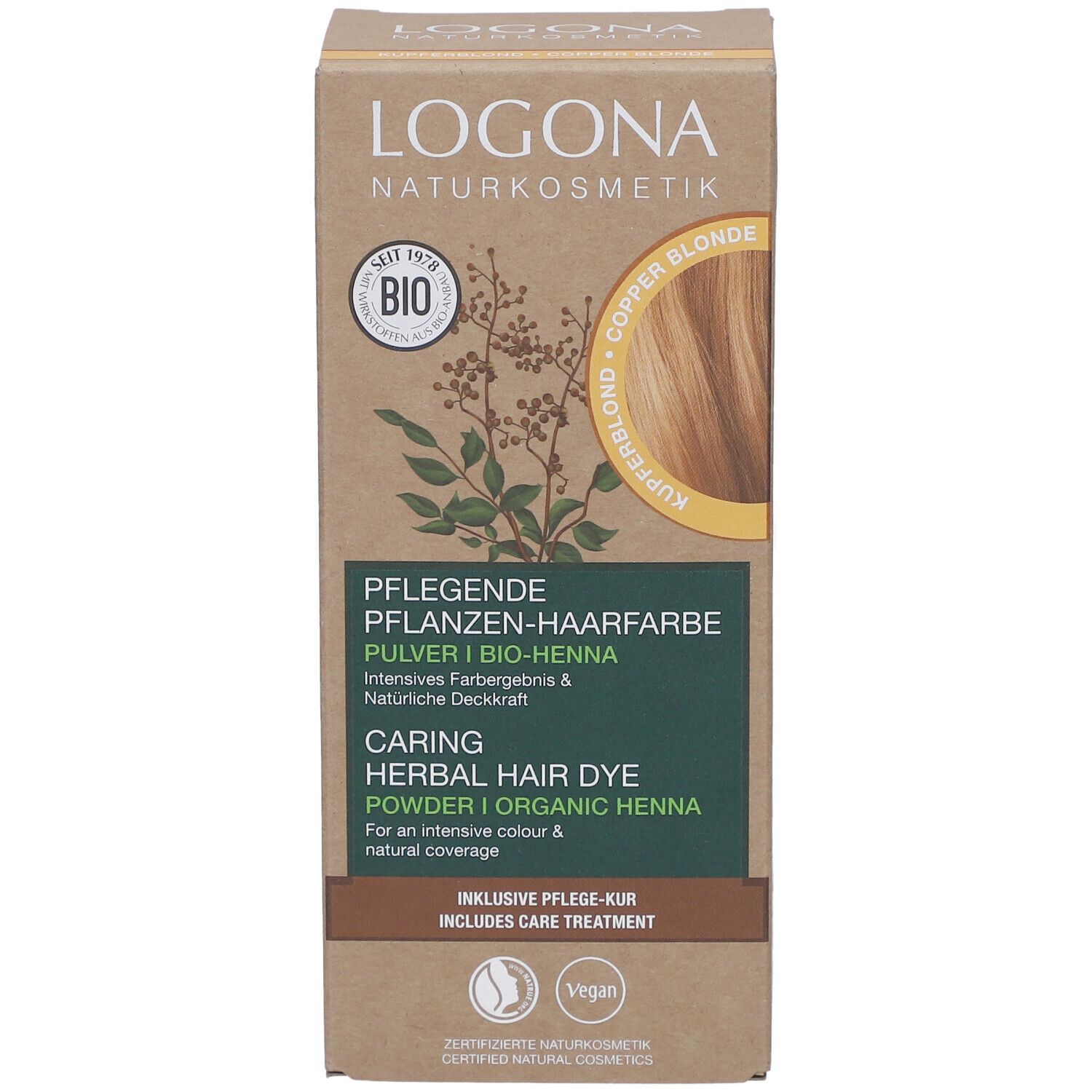 Karton mit Pflanzenhaarfarbe. Aufschrift: LOGONA Naturkosmetik, Kupferblond Bio. Enthält Pflege-Kur. Vegan.