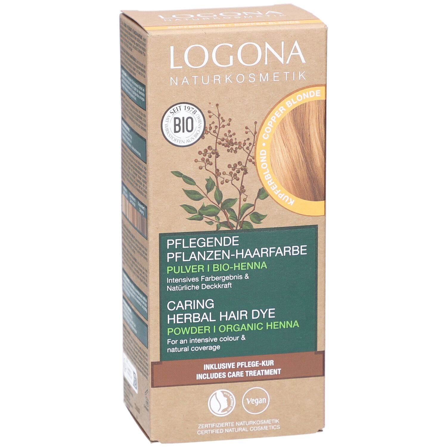 Karton mit Pflanzenhaarfarbe. Aufschrift: LOGONA Naturkosmetik, Kupferblond Bio. Enthält Pflege-Kur. Vegan.