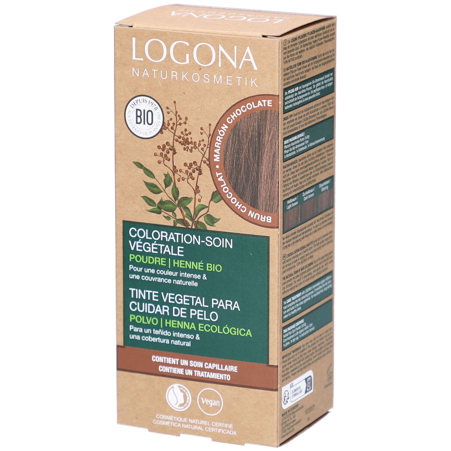 Logona Pflanzen-Haarfarbe-Box. Marron Chocolat, Bio-Siegel, Vegan-Zeichen. Text in Deutsch, Englisch, Spanisch und Französisch.