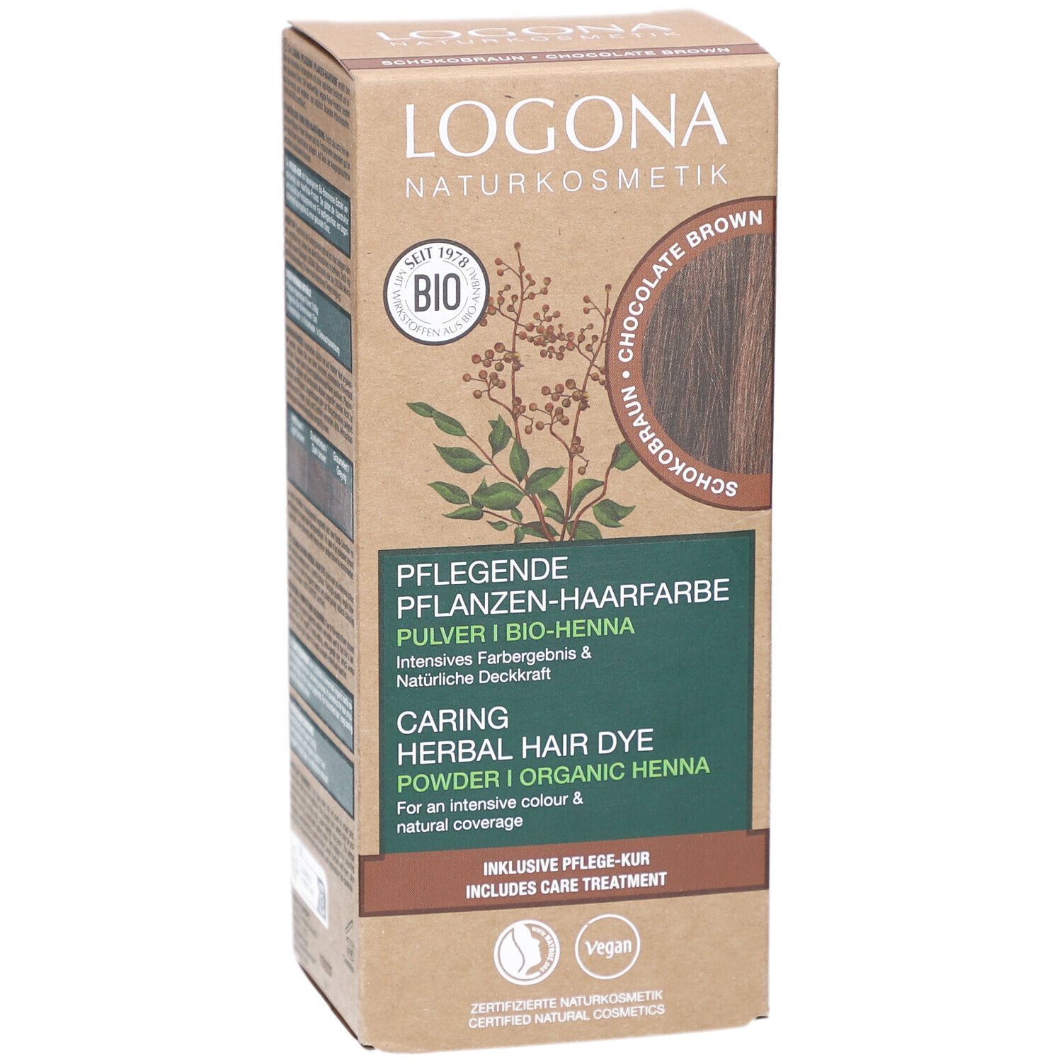 Logona Pflanzen-Haarfarbe-Box. Schokobraun, Bio-Siegel, Vegan-Zeichen. Logo, Produktname, Text in Deutsch und Englisch.