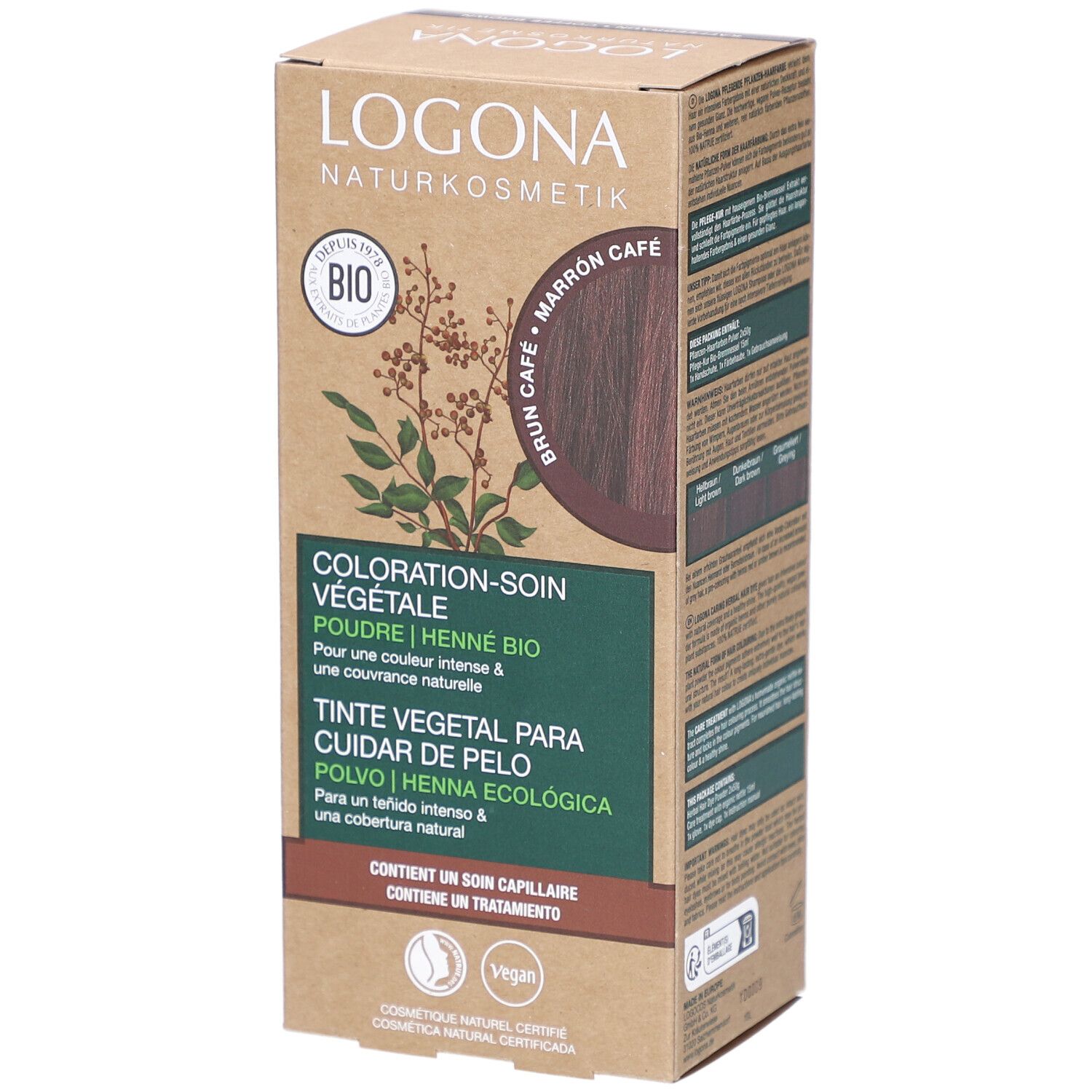 Karton mit Pflanzen-Haarfarbe. Logo, Bio-Siegel, Marron Cafe-Farbkreis. Text: Coloration-soin végétale, Tinte vegetal para cuidar de pelo.