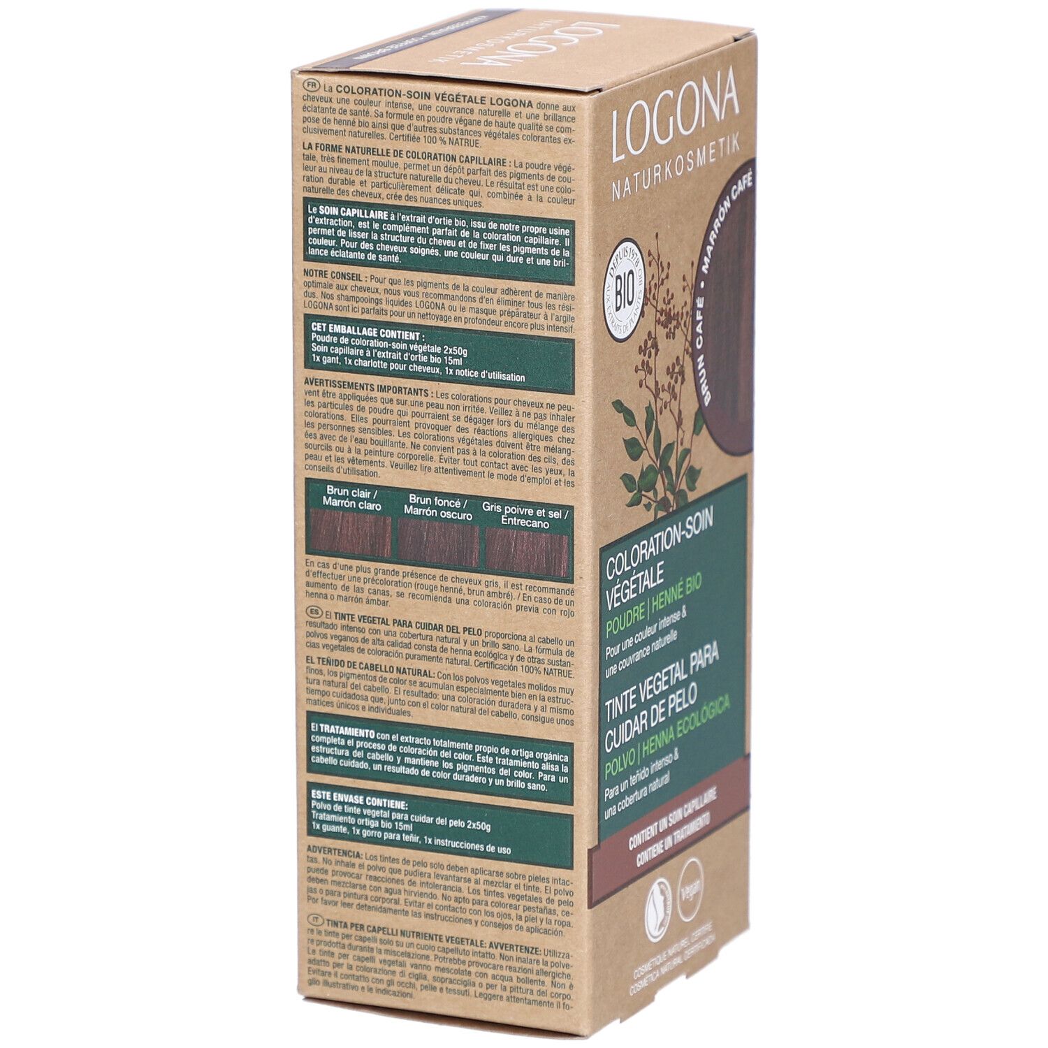 Rückseite der Haarfarben-Verpackung. Logo, Bio-Siegel. Text in mehreren Sprachen. Farbvergleich für verschiedene Haartöne. Vegan-Siegel.