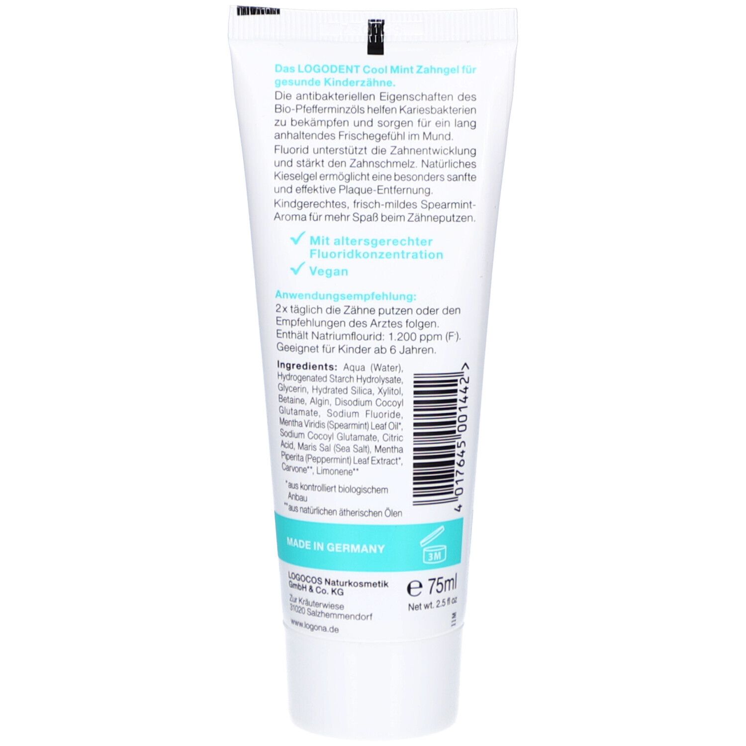 Rückseite der Zahngel-Tube. Text: Cool Mint, Inhaltsstoffe, Anwendungshinweise, vegan, Fluoridkonzentration, 75ml, Made in Germany.