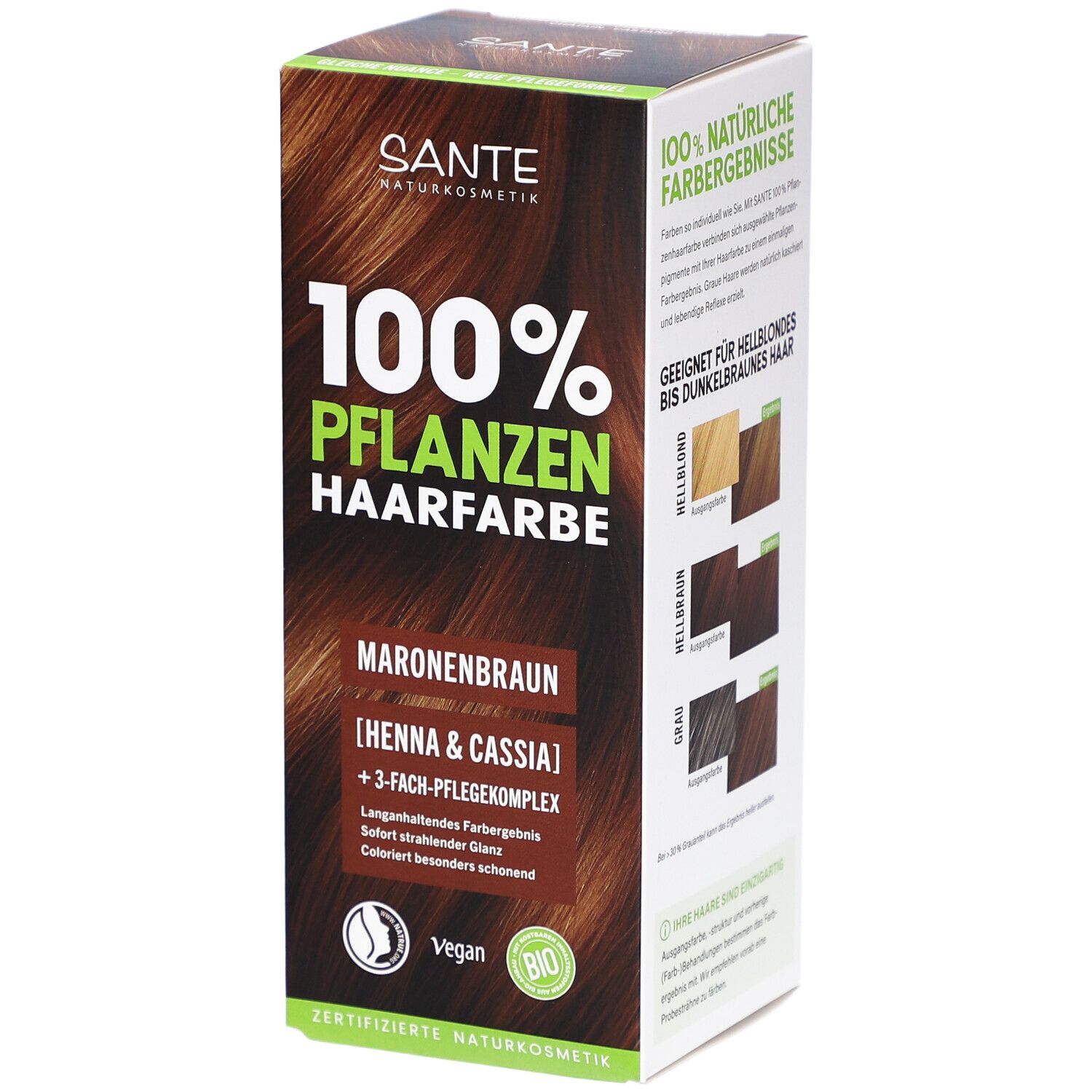 Karton mit Pflanzenhaarfarbe. Aufschrift: 100% Pflanzenhaarfarbe, Maronenbraun. Vegan-Logo und Bio-Siegel.