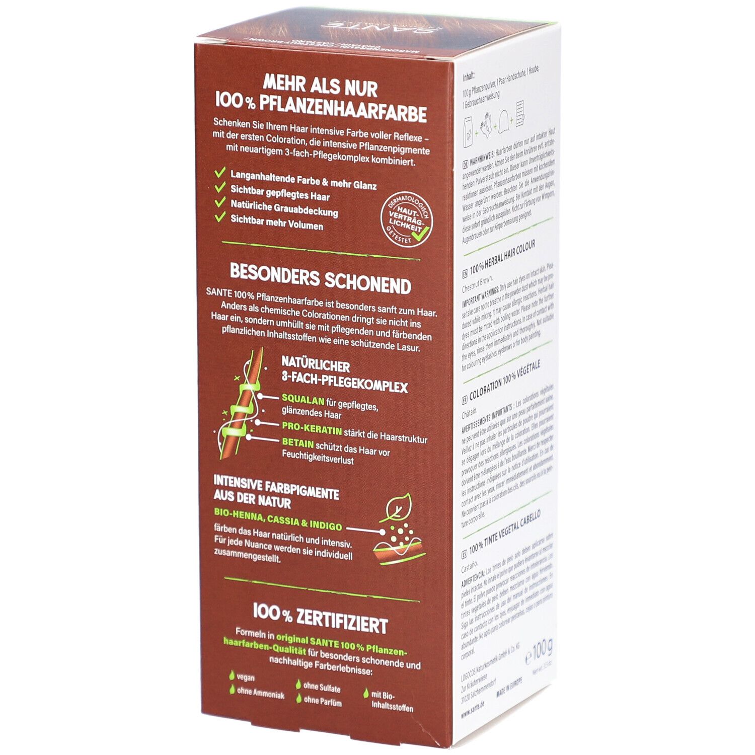 Seite der Pflanzenhaarfarben-Verpackung. Text: 3-Fach Pflegekomplex, Squalane, Pro-Keratin, Retain. Bio-Henna, Cassia & Indigo.