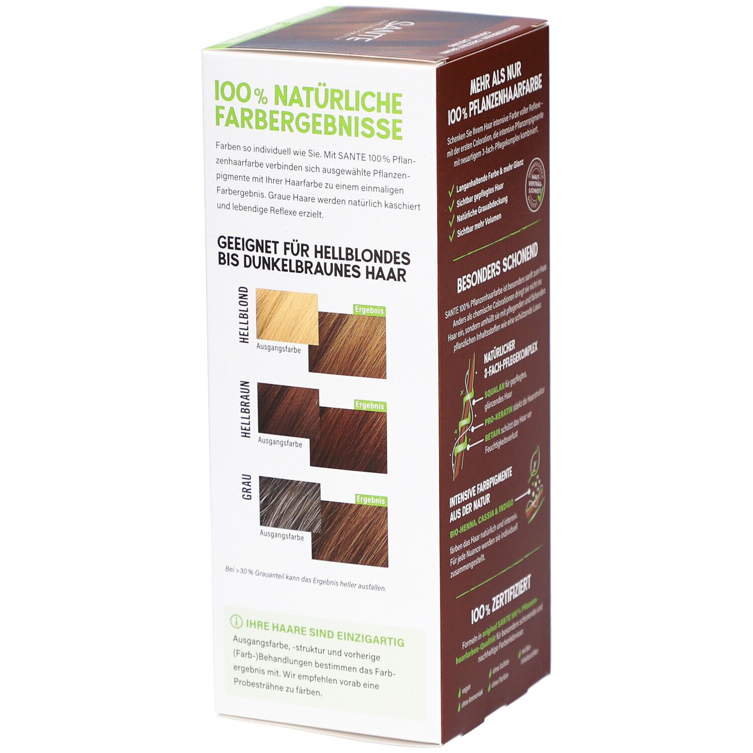 Seite der Pflanzenhaarfarben-Verpackung. Farbbeispiele für hellblondes bis dunkelbraunes Haar. Text: 100% natürliche Farbergebnisse.