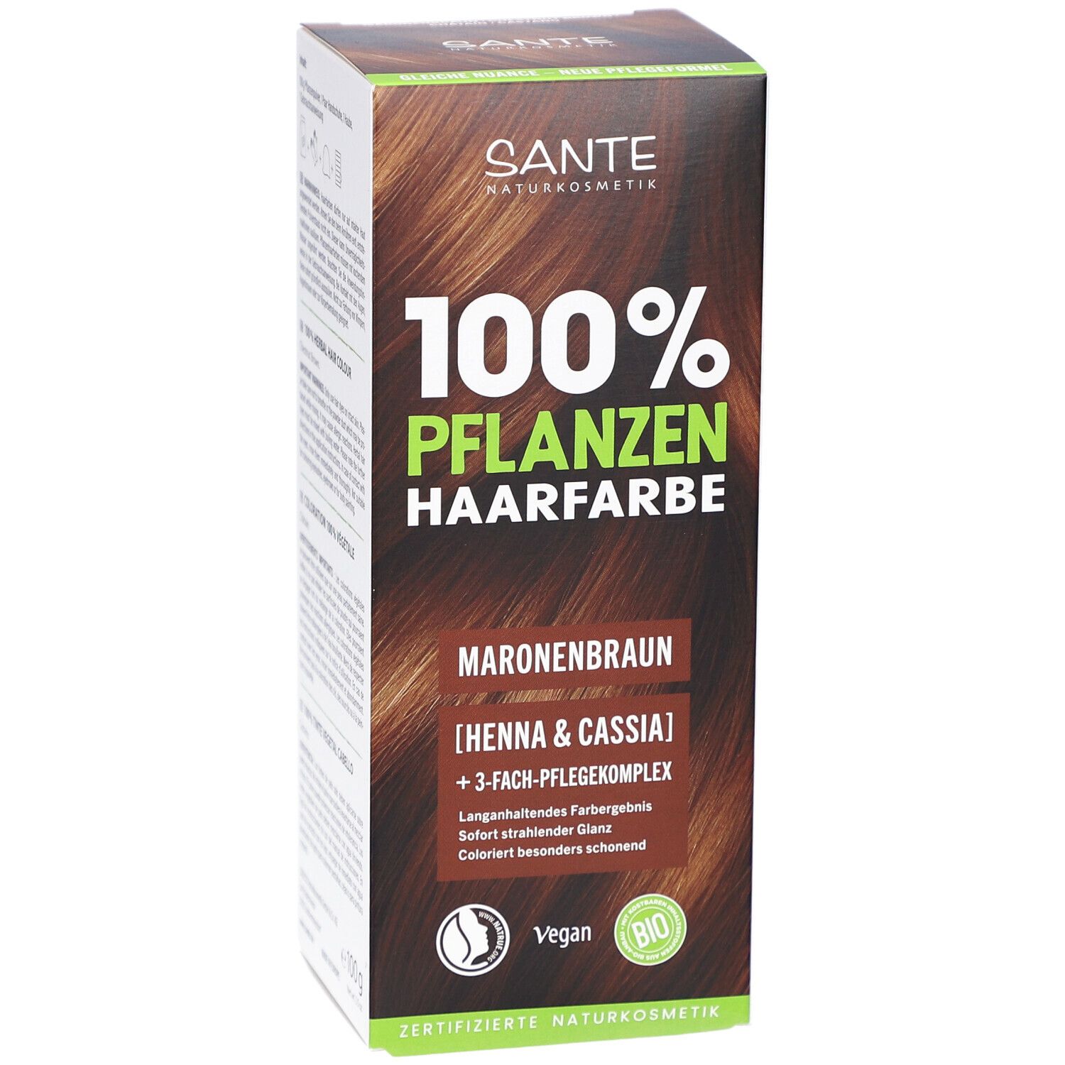 Vorderseite der Pflanzenhaarfarben-Verpackung. Aufschrift: 100% Pflanzenhaarfarbe, Maronenbraun. Vegan-Logo und Bio-Siegel.