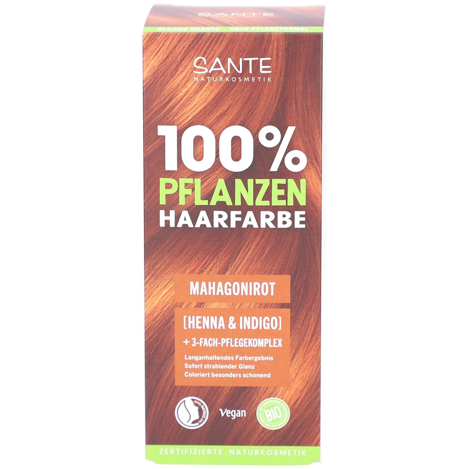 Vorderseite der Sante Pflanzen Haarfarbe Mahagonirot. Produktname, Logo und Siegel.