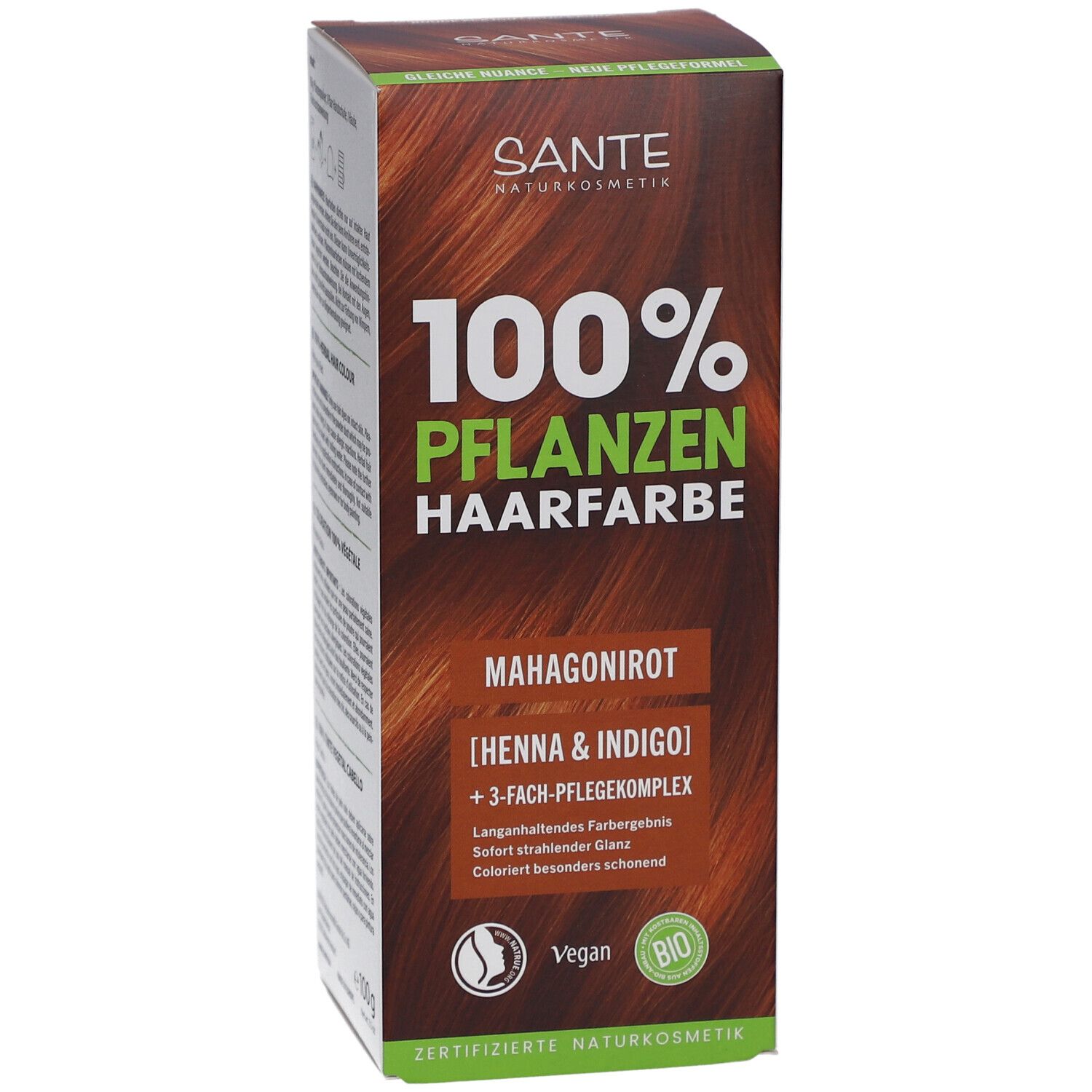 Vorderseite der Sante Pflanzen Haarfarbe Mahagonirot. Produktname, Logo und Siegel.