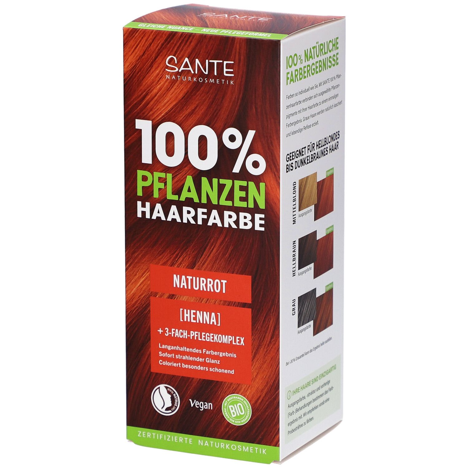 Sante Pflanzen Haarfarbe Naturrot Box. 100% Pflanzen Haarfarbe. Vegan und Bio-zertifiziert.