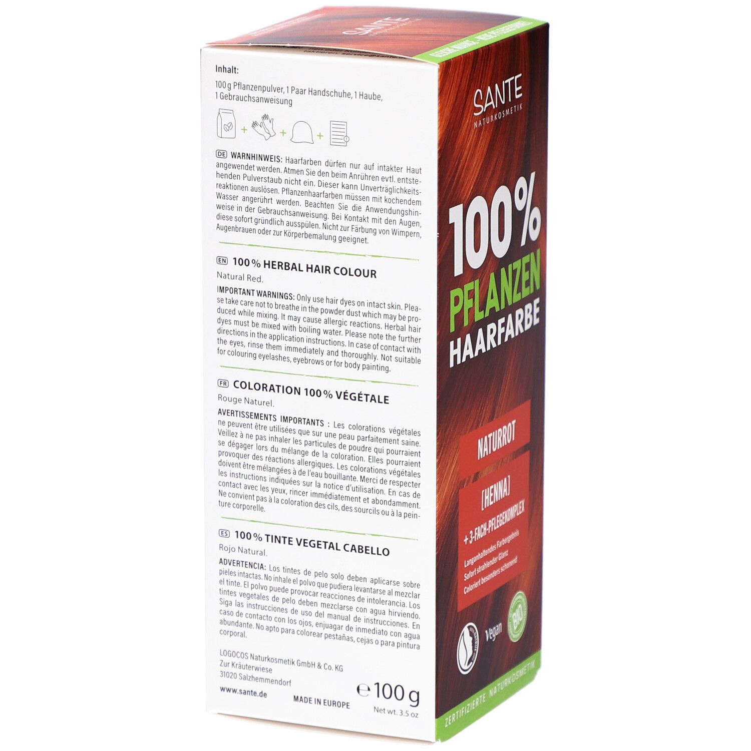 Rückseite der Sante Pflanzen Haarfarbe Naturrot Box. Enthält 100g Pflanzenpulver, Handschuhe und Gebrauchsanweisung.