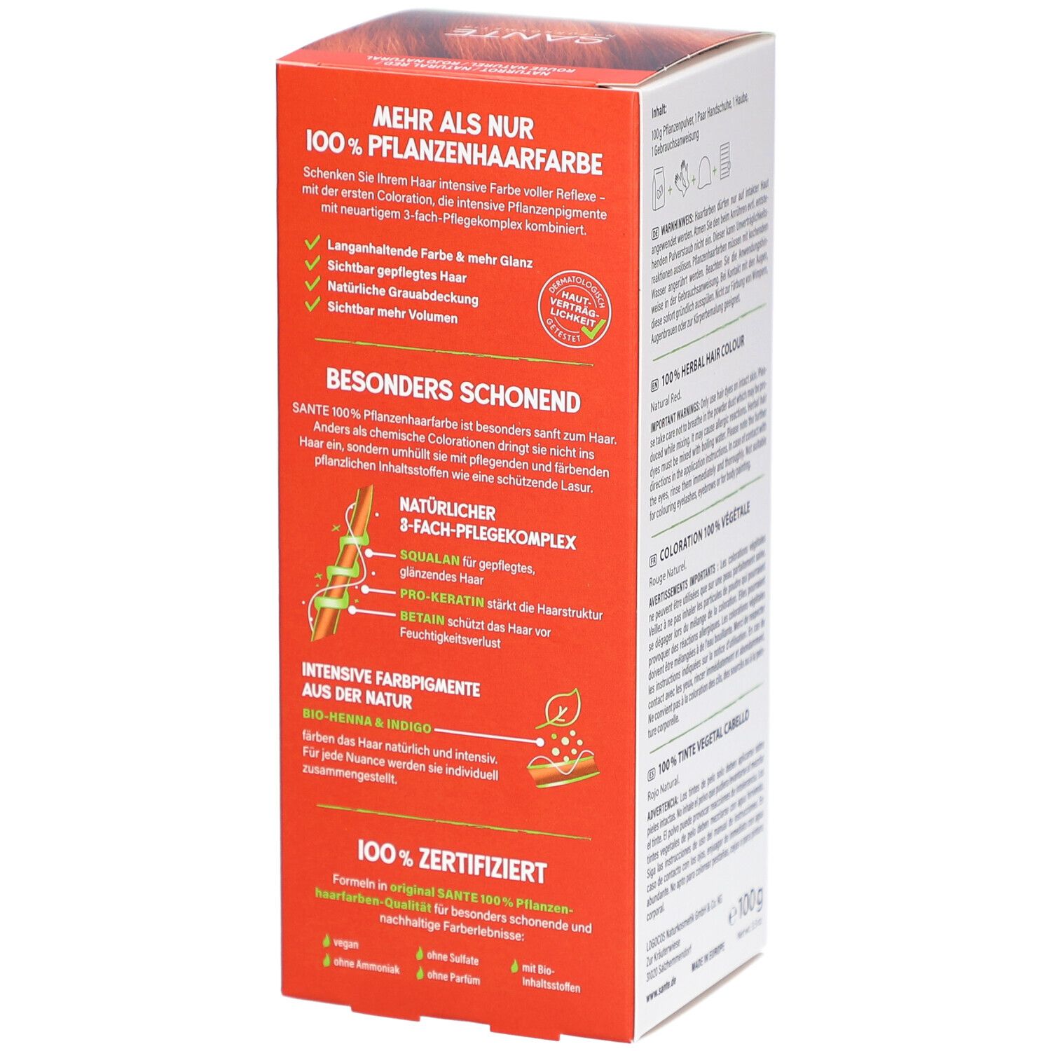 Seite der Sante Pflanzen Haarfarbe Naturrot Box. Informationen zu 3-fach-Pflegekomplex und Inhaltsstoffen.