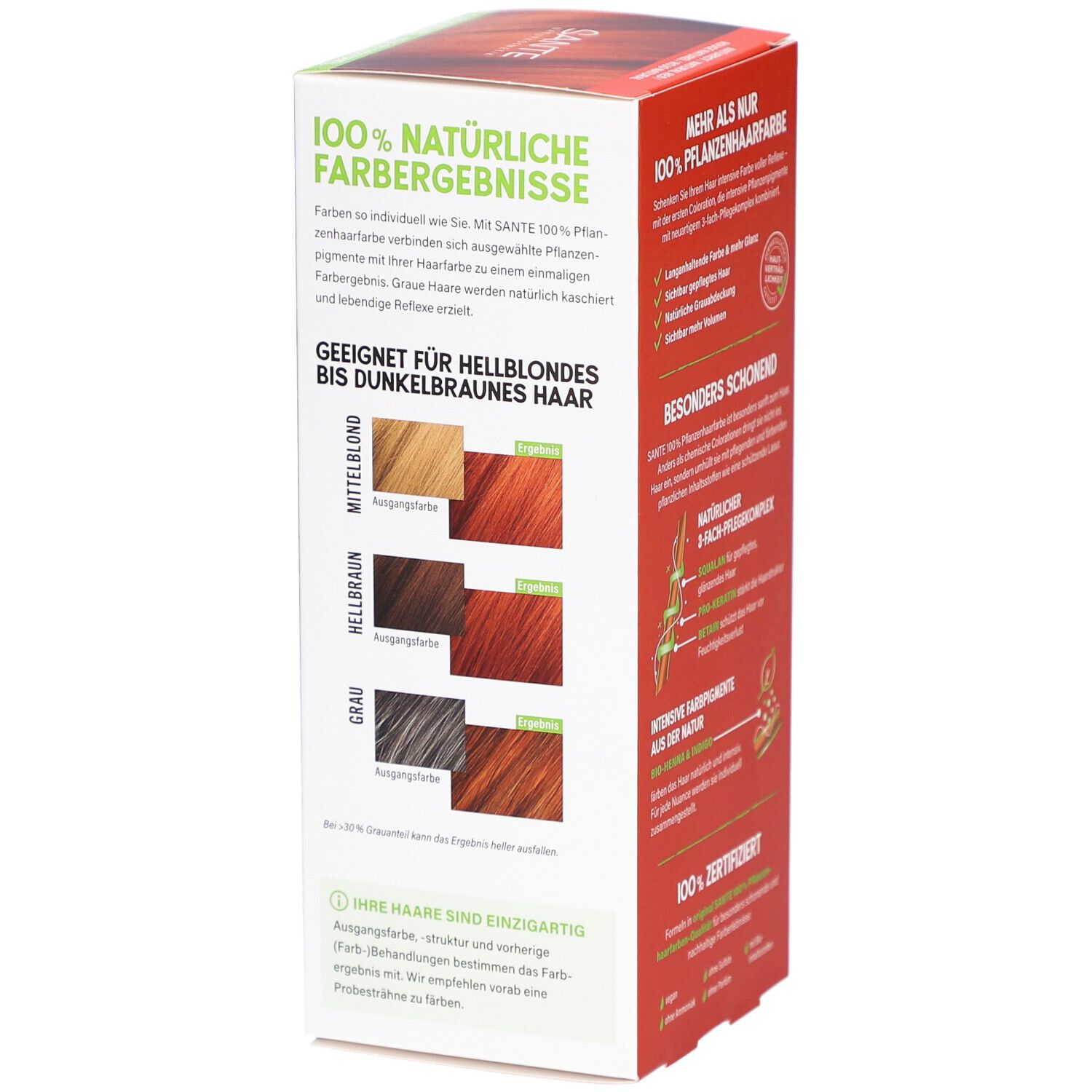 Seite der Sante Pflanzen Haarfarbe Naturrot Box. Farbergebnisse für hellblondes bis dunkelbraunes Haar.
