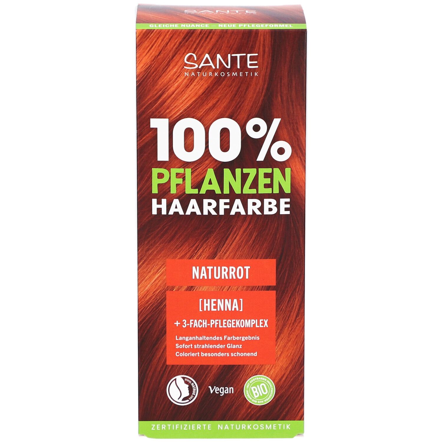 Vorderseite der Sante Pflanzen Haarfarbe Naturrot Box. 100% Pflanzen Haarfarbe. Naturrot [Henna]. Vegan.