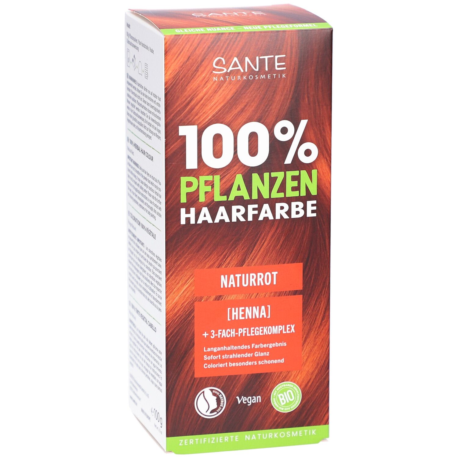 Vorderseite der Sante Pflanzen Haarfarbe Naturrot Box. 100% Pflanzen Haarfarbe. Naturrot [Henna]. Vegan.