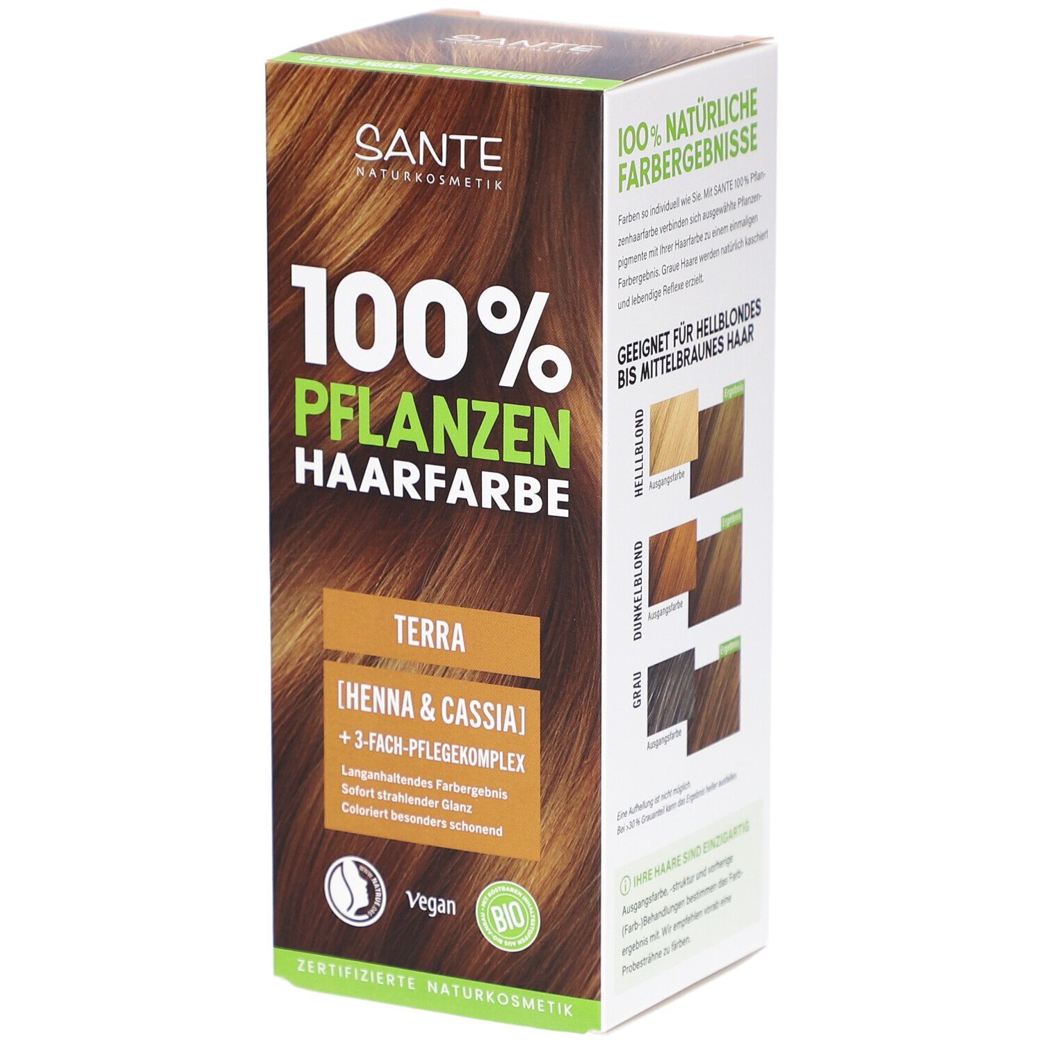 Verpackung von Sante Pflanzen Haarfarbe Terra. Grün-braune Box mit Produktinformationen und Logo.