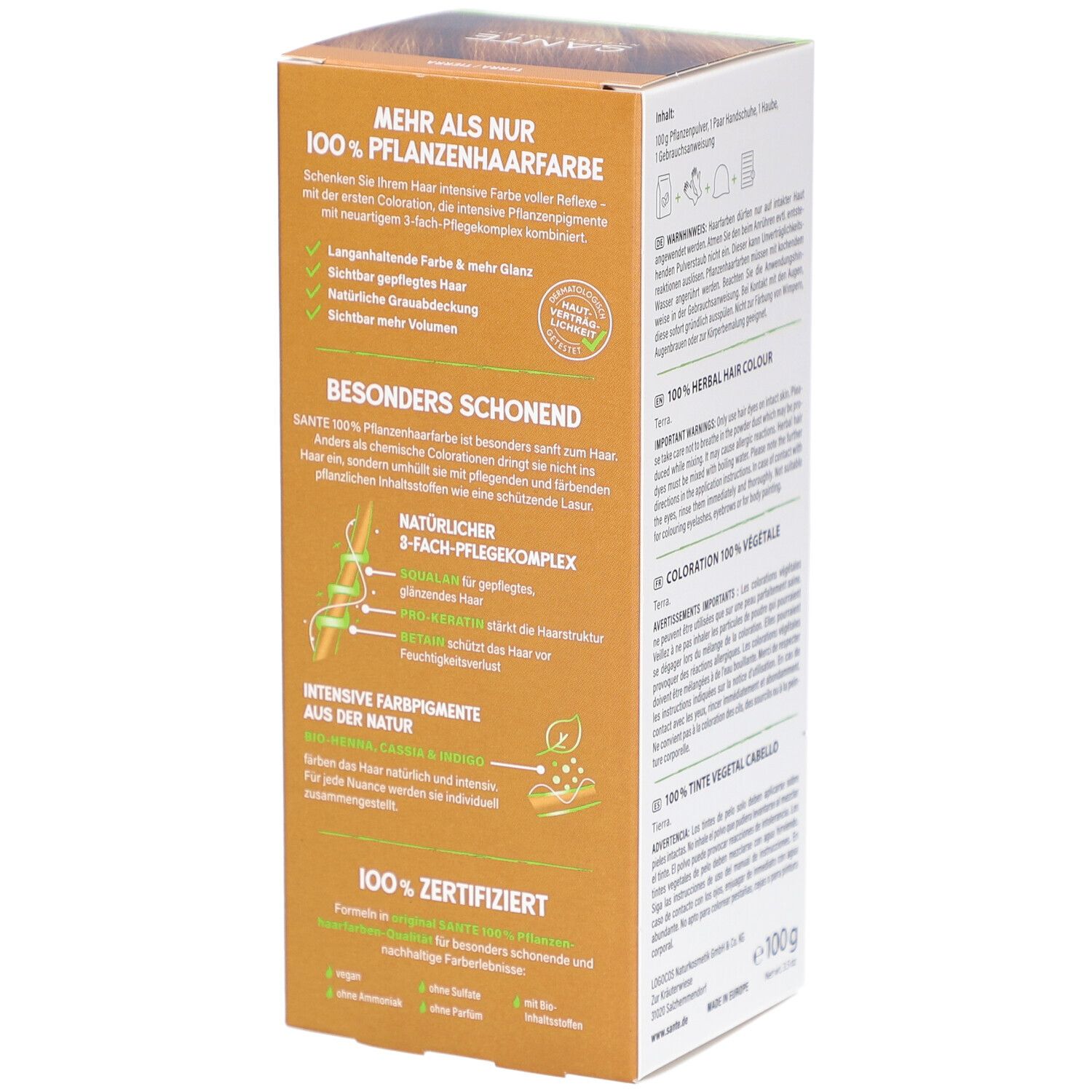 Seite der Sante Pflanzen Haarfarbe Terra Verpackung. Text mit Produktvorteilen und Zertifizierungen.