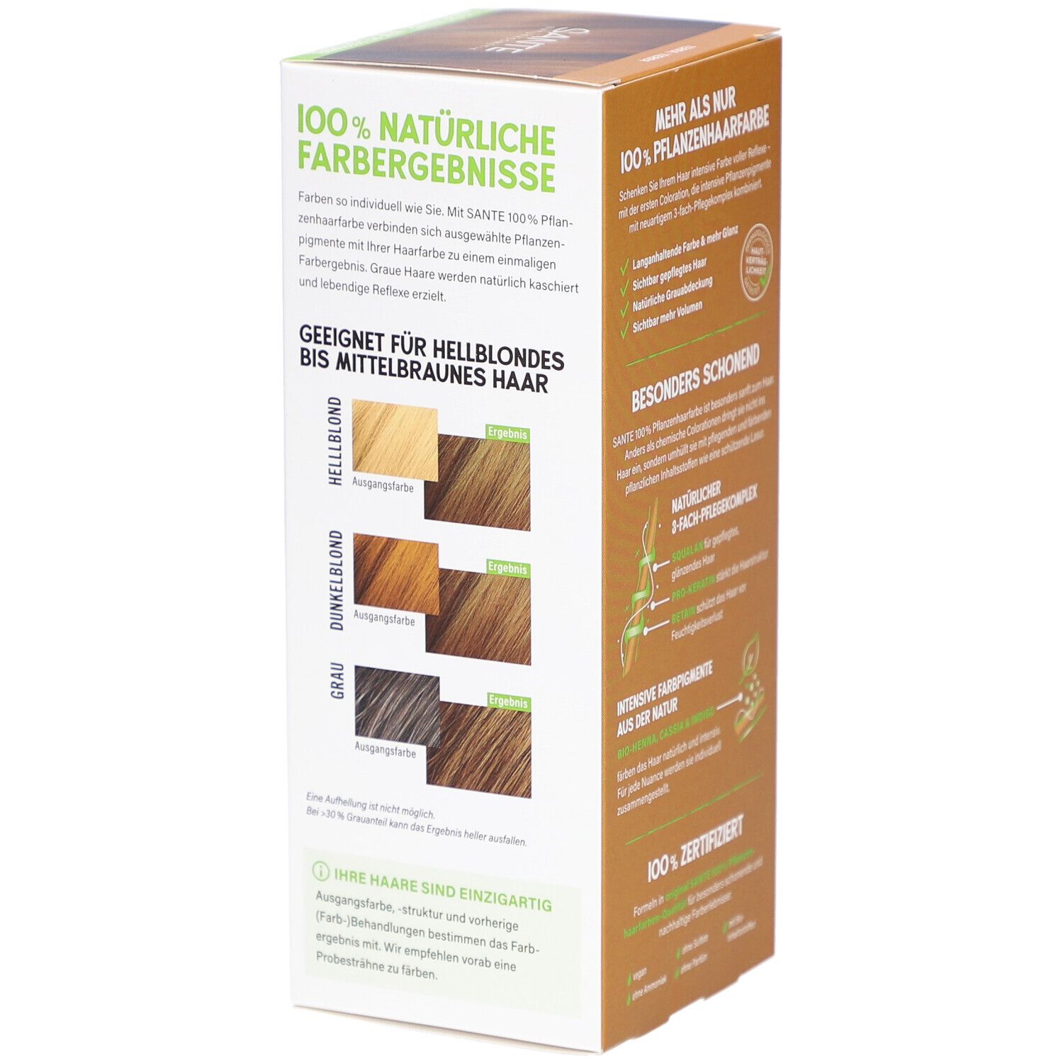Seite der Sante Pflanzen Haarfarbe Terra Verpackung. Farbbeispiele für verschiedene Haartypen.