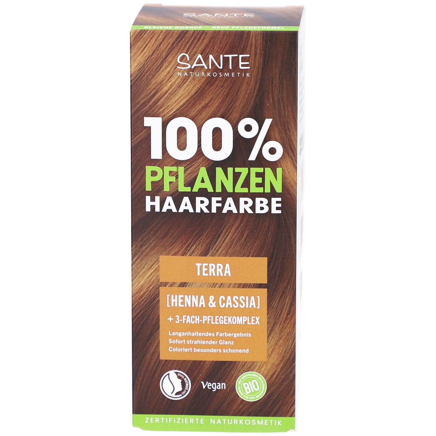 Vorderansicht der Sante Pflanzen Haarfarbe Terra Verpackung. Box mit Produktnamen und Logo.