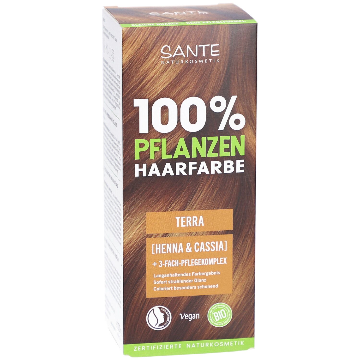 Vorderansicht der Sante Pflanzen Haarfarbe Terra Verpackung. Box mit Produktnamen und Logo.