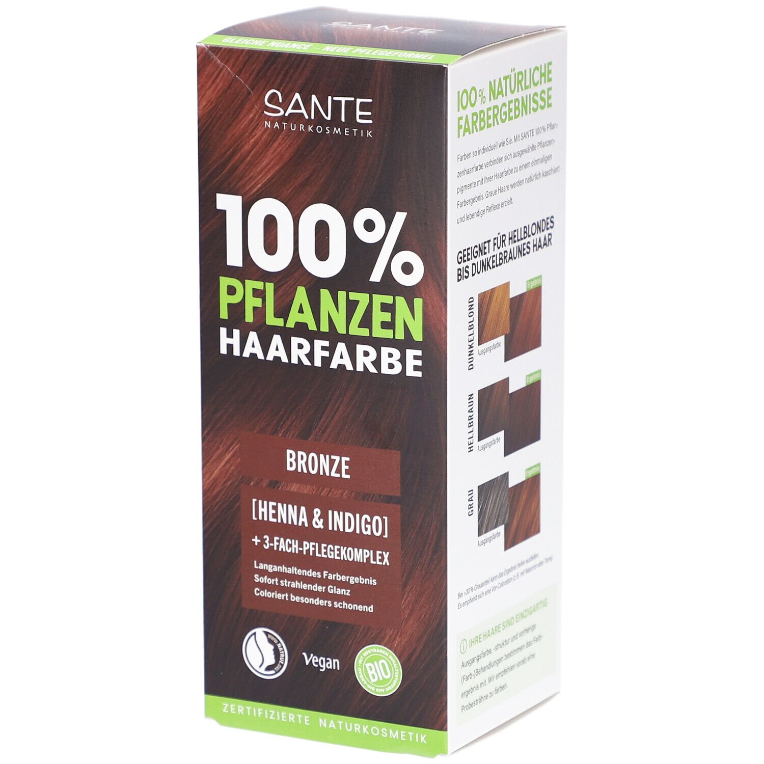 Verpackung von SANTE 100% Pflanzenhaarfarbe, Bronze 03. Enthält Henna & Indigo. Vegan und Bio-zertifiziert.