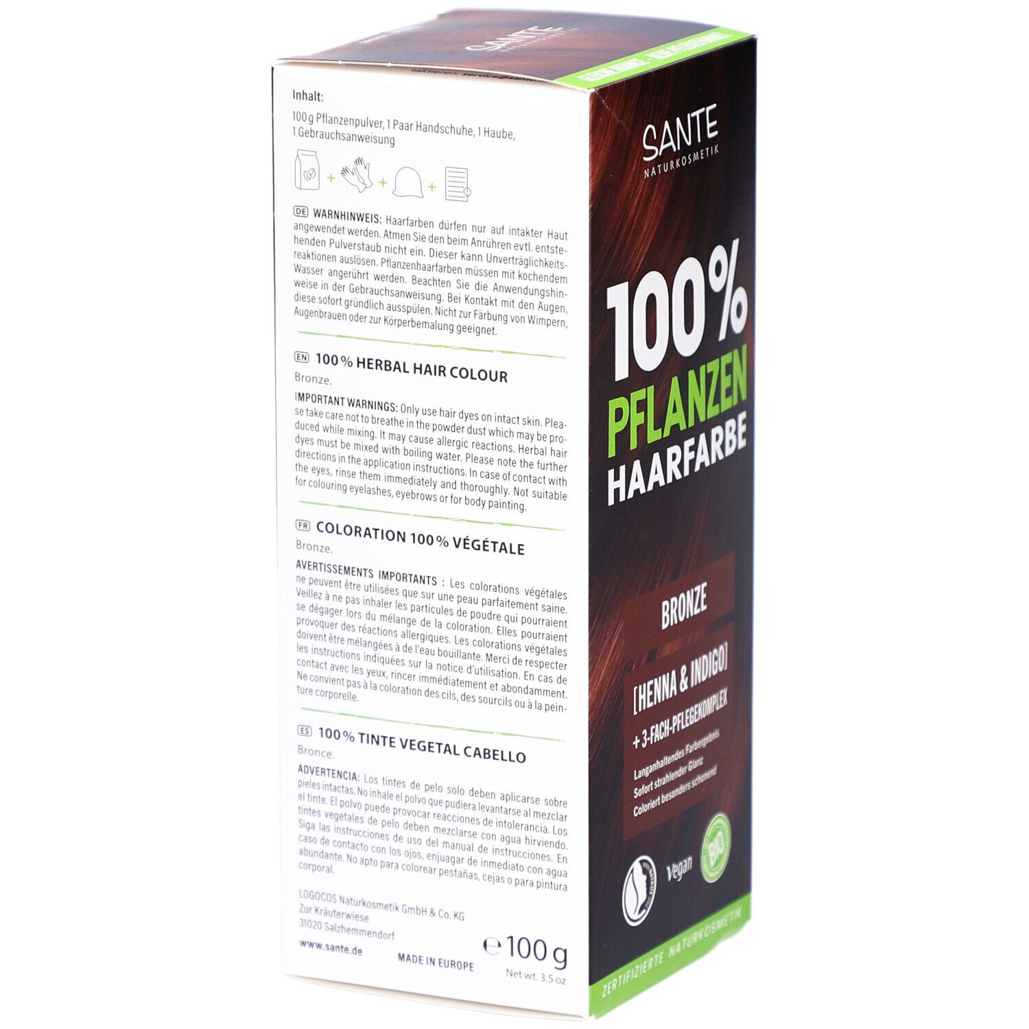 Rückseite der Verpackung von SANTE 100% Pflanzenhaarfarbe. Enthält Warnhinweise und Inhaltsstoffe. 100g.