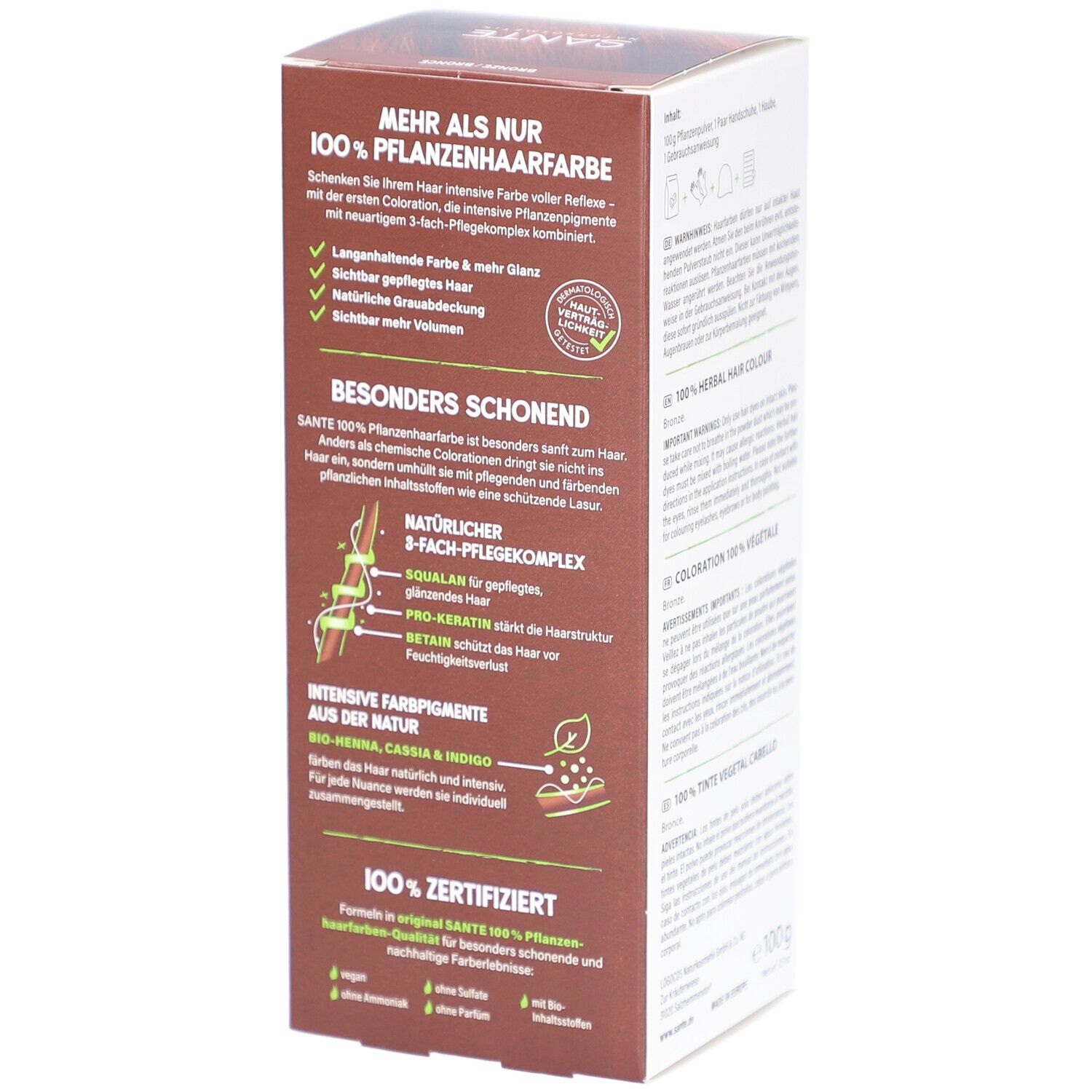 Verpackung von SANTE 100% Pflanzenhaarfarbe. Enthält Informationen zu 3-Fach Pflegekomplex und Inhaltsstoffen. 100g.