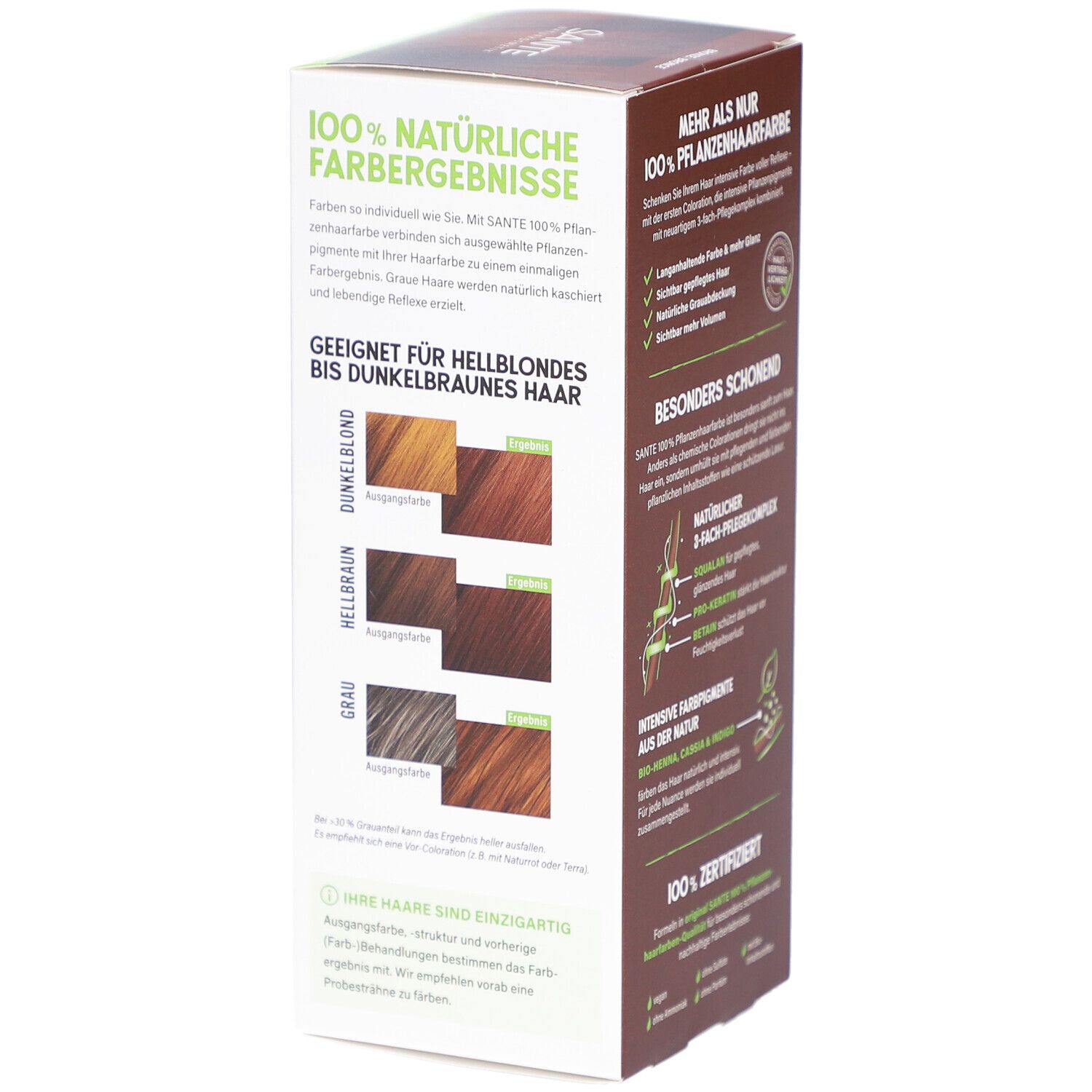Verpackung von SANTE 100% Pflanzenhaarfarbe. Zeigt Farbergebnisse für hellblondes bis dunkelbraunes Haar. 100g.