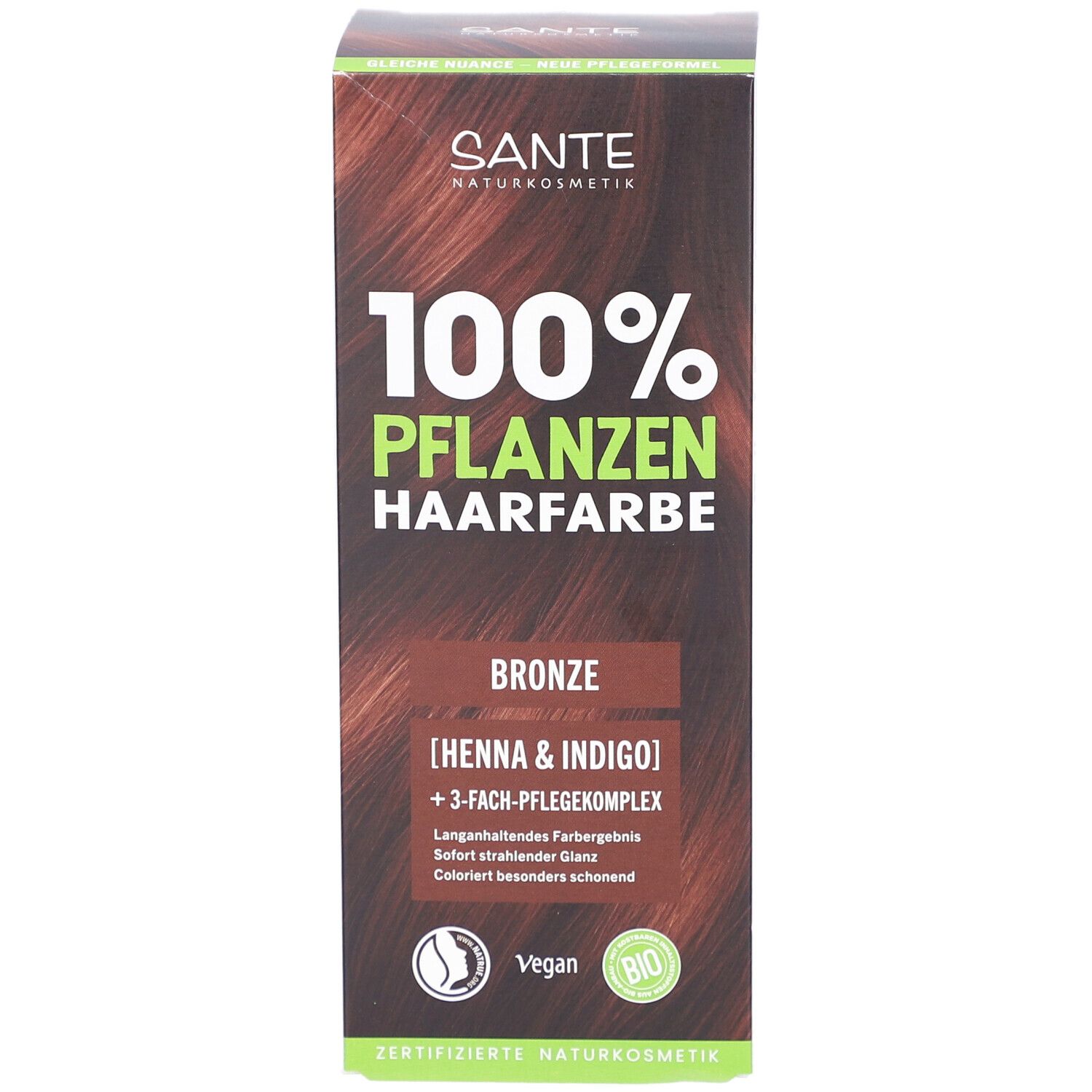 Vorderseite der Verpackung von SANTE 100% Pflanzenhaarfarbe, Bronze 03. Enthält Henna & Indigo. Vegan und Bio-zertifiziert.