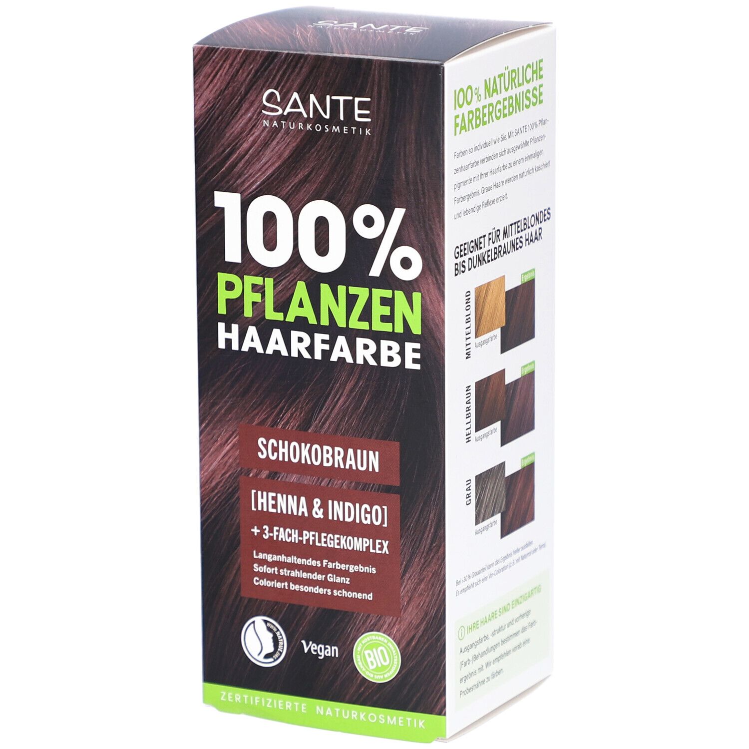 Sante Pflanzen Haarfarbe Schokobraun. Verpackung mit Produktinformationen und Logo. Vegan und Bio-Siegel.