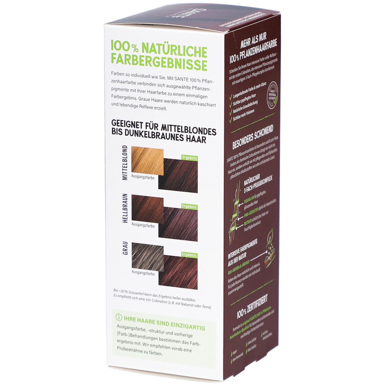 Seite der Sante Pflanzen Haarfarbe Schokobraun. Farbergebnisse für verschiedene Haartypen. Bio-Zertifizierung.