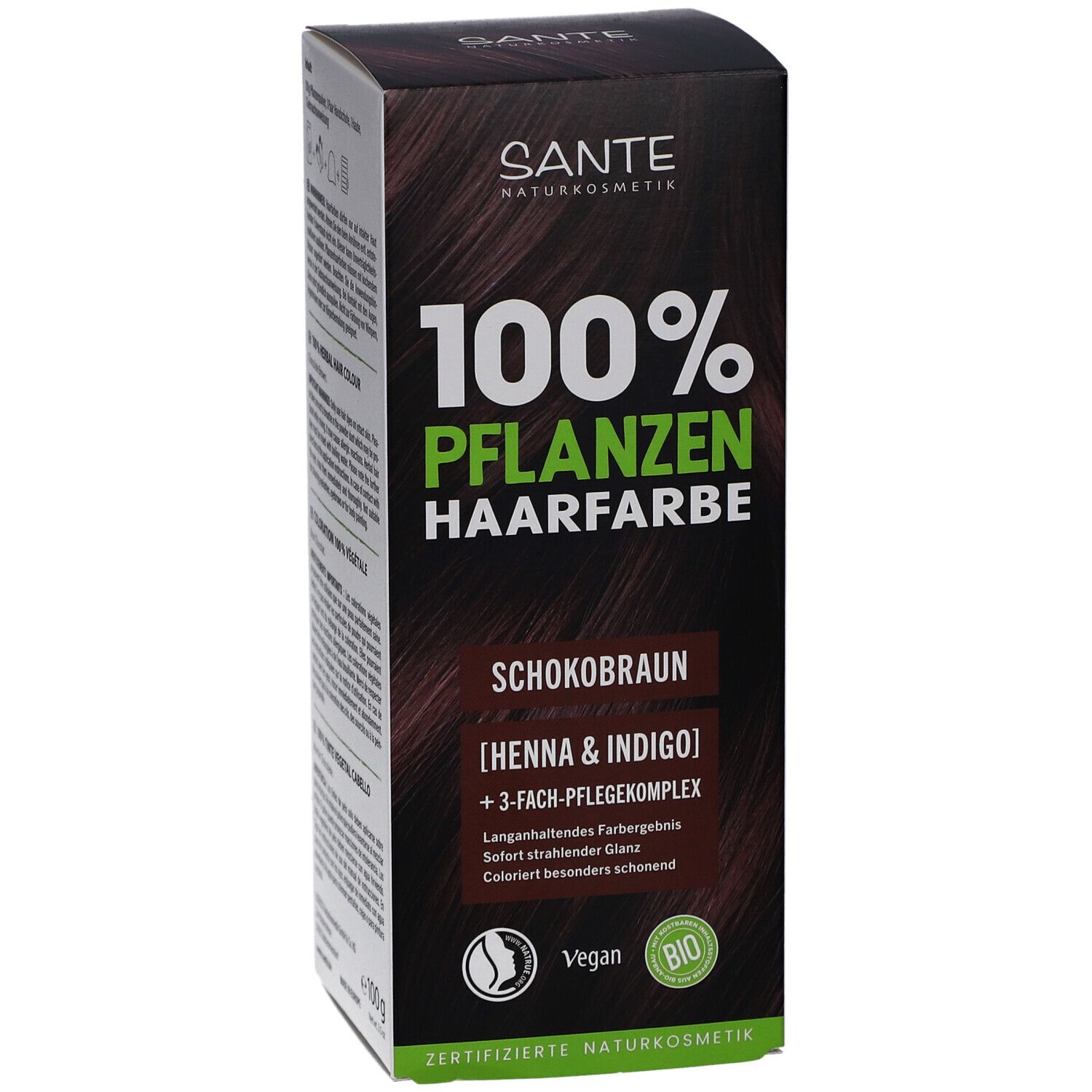 Sante Pflanzen Haarfarbe Schokobraun. Vorderansicht der Verpackung. Produktname, Logo und Siegel.