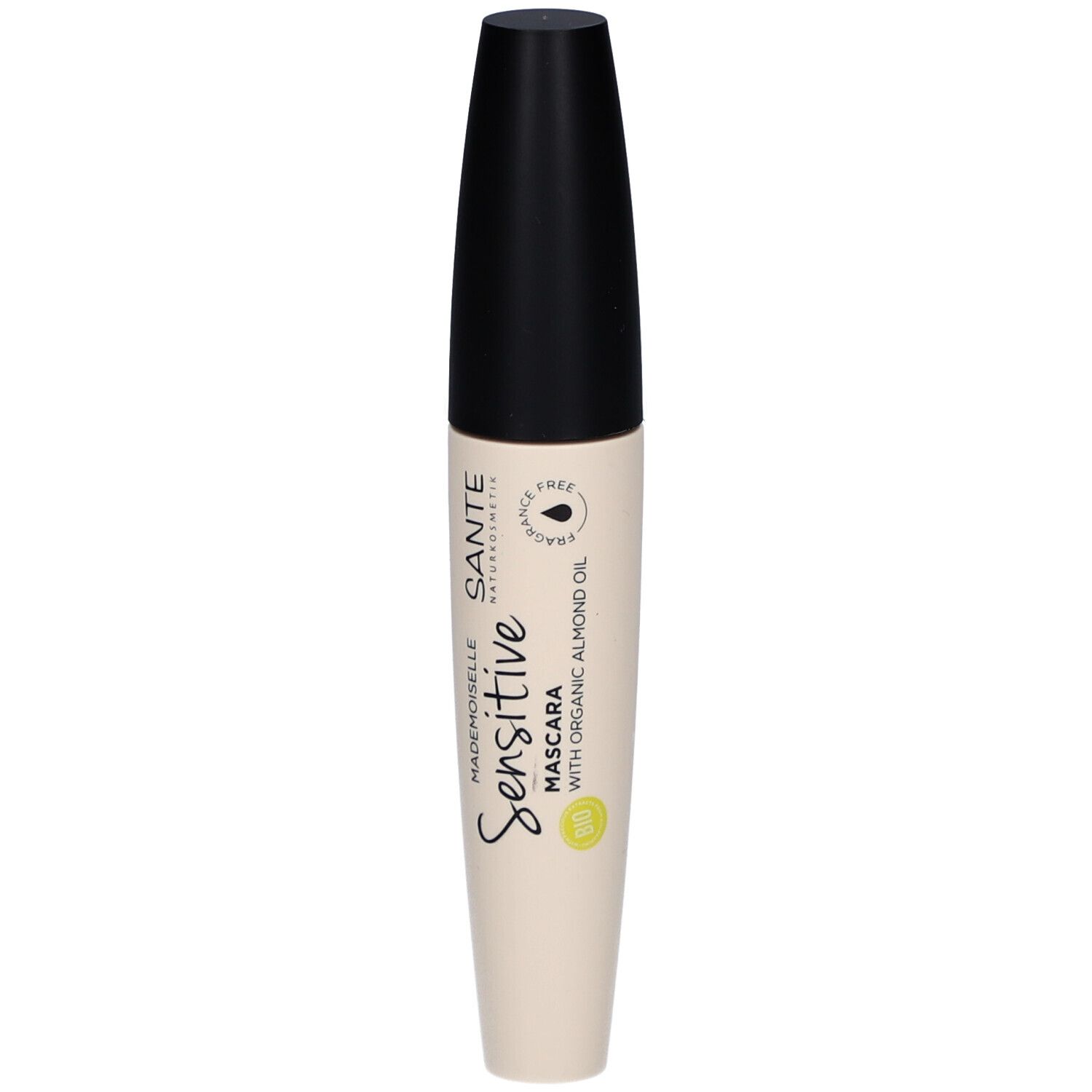 Mascara-Tube mit schwarzem Deckel. Aufschrift: SANTE Sensitive Mascara mit Bio-Mandelöl. Vegan.