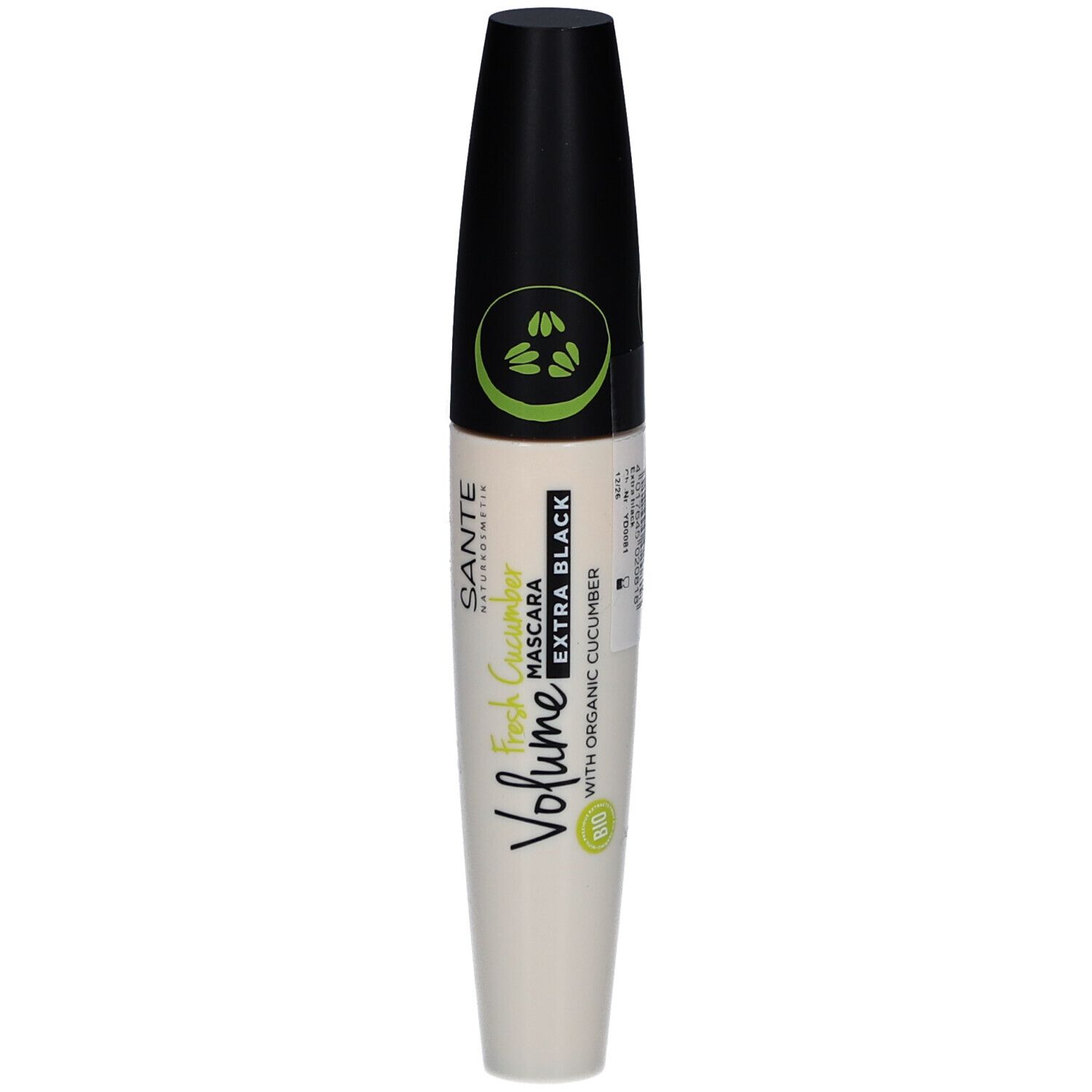Mascara-Tube mit schwarzem Deckel. Aufschrift: SANTE, Volume, Fresh Cucumber, Extra Black. Mit Bio-Gurke.