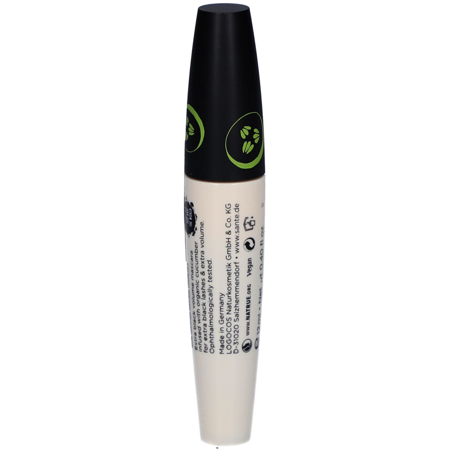 Mascara-Tube, Rückseite. Aufschrift: SANTE, Naturkosmetik, Made in Germany, vegan. Mit Inhaltsangaben.