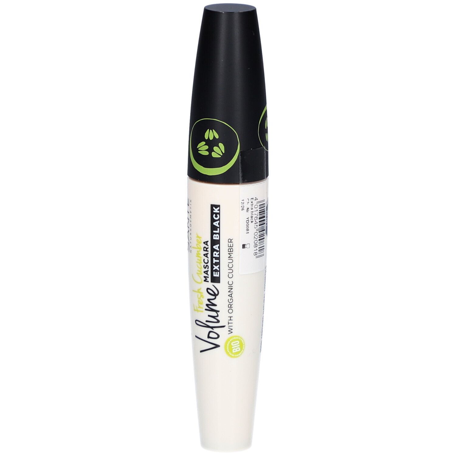 Mascara-Tube mit schwarzem Deckel. Aufschrift: SANTE, Volume, Fresh Cucumber, Extra Black. Mit Bio-Gurke.