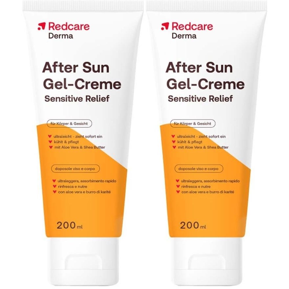 Zwei Tuben Redcare Derma After Sun Gel-Crème. Weiße Tuben mit orangefarbenem Abschnitt und Text. 200ml.