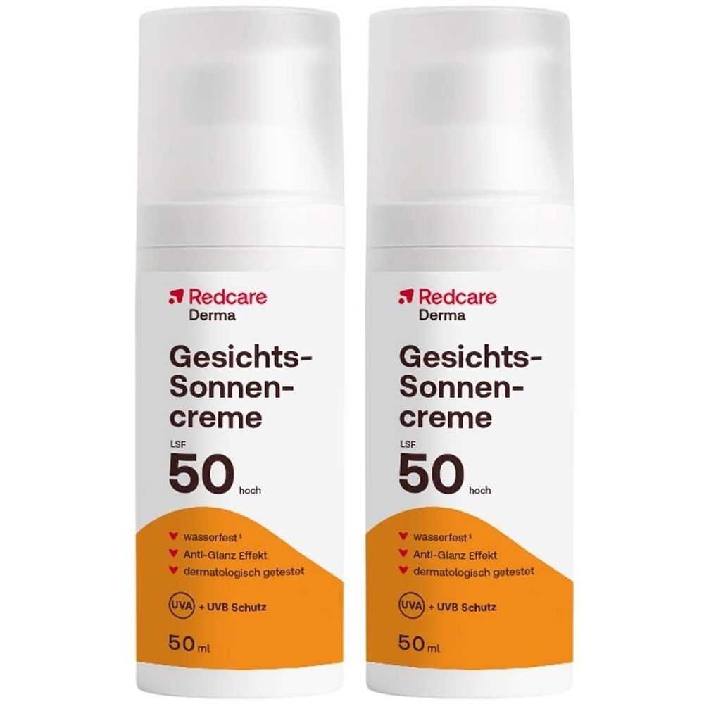 Zwei Flaschen Redcare Derma Gesichts-Sonnencreme LSF 50. Weiße Flaschen mit orangefarbenem Etikett. Text: wasserfest, Anti-Glanz Effekt, dermatologisch getestet.