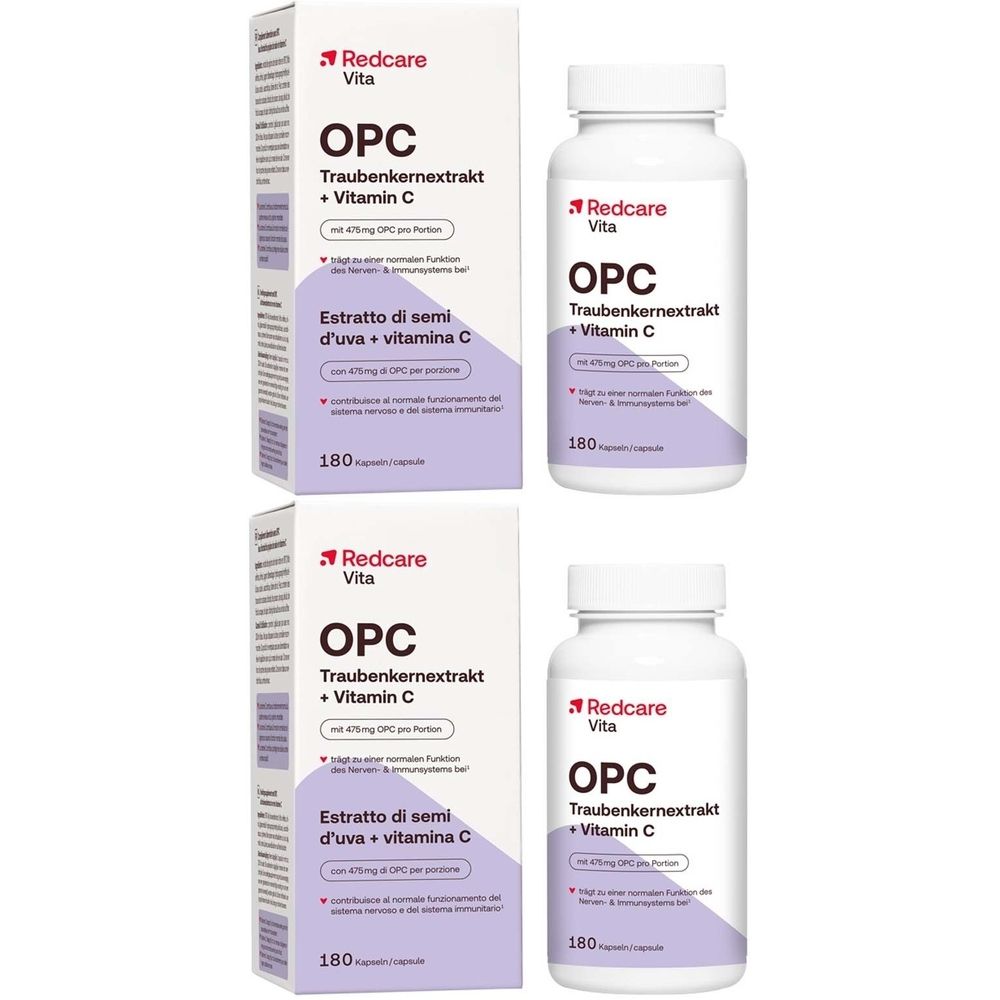 Deux boîtes et deux flacons de Redcare Vita OPC Traubenkernextrakt + Vitamine C. Flacons et boîtes blancs avec informations.