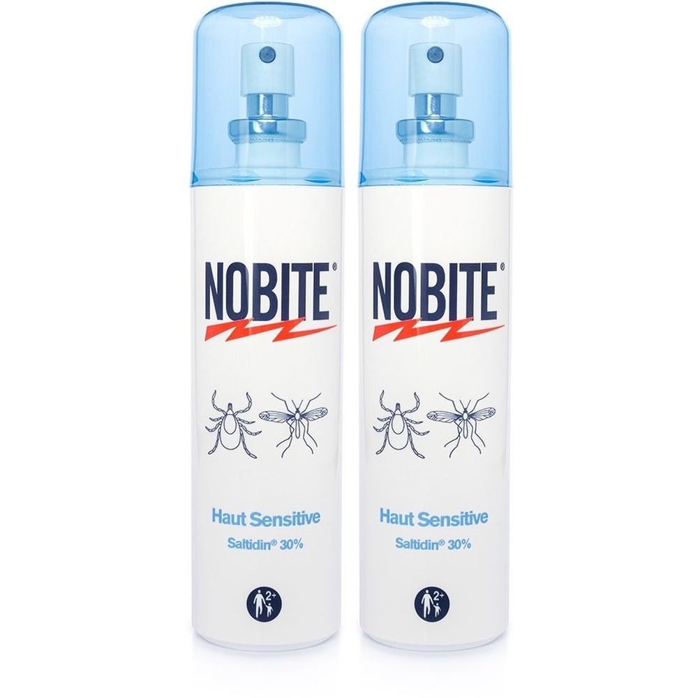 Zwei Sprühflaschen mit blauem Deckel. Aufschrift NOBITE, darunter Haut Sensitive und Saltidin 30%. Abbildung von Insekten.