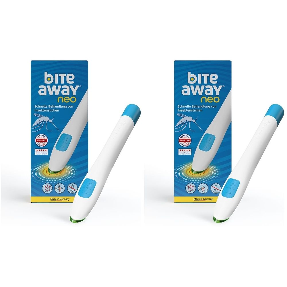 Zwei Geräte und Verpackungen. Weißes Gerät mit blauem Knopf und Spitze. Verpackung mit Logo und Produktnamen.