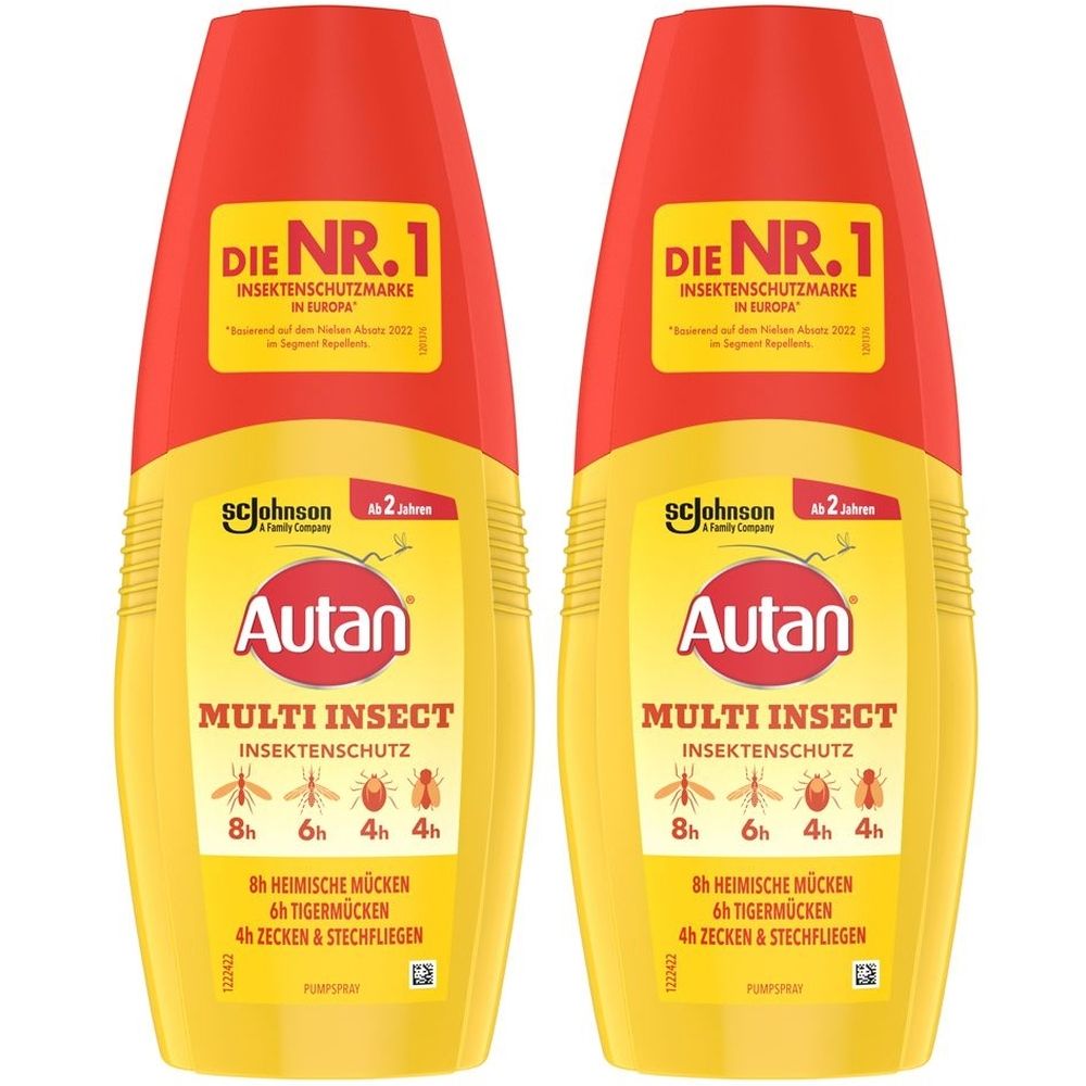 Zwei gelb-rote Sprays. Aufschrift: Autan Multi Insect. Schutz vor Insekten. Nr. 1 Insektenschutzmarke in Europa.