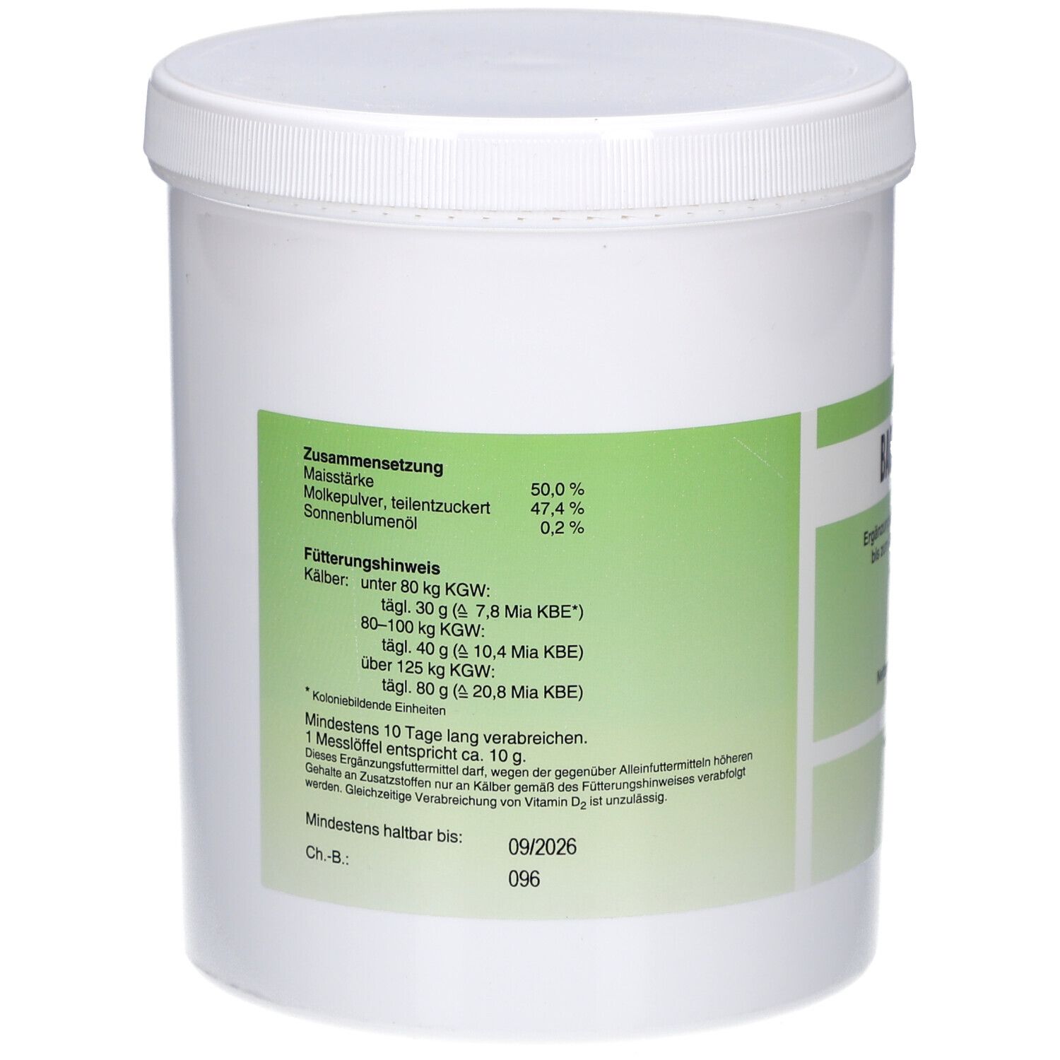 Weißer Eimer, Rückseite mit grüner Beschriftung. Angaben zur Zusammensetzung und Fütterungshinweis. Mindesthaltbarkeit 09/2026.