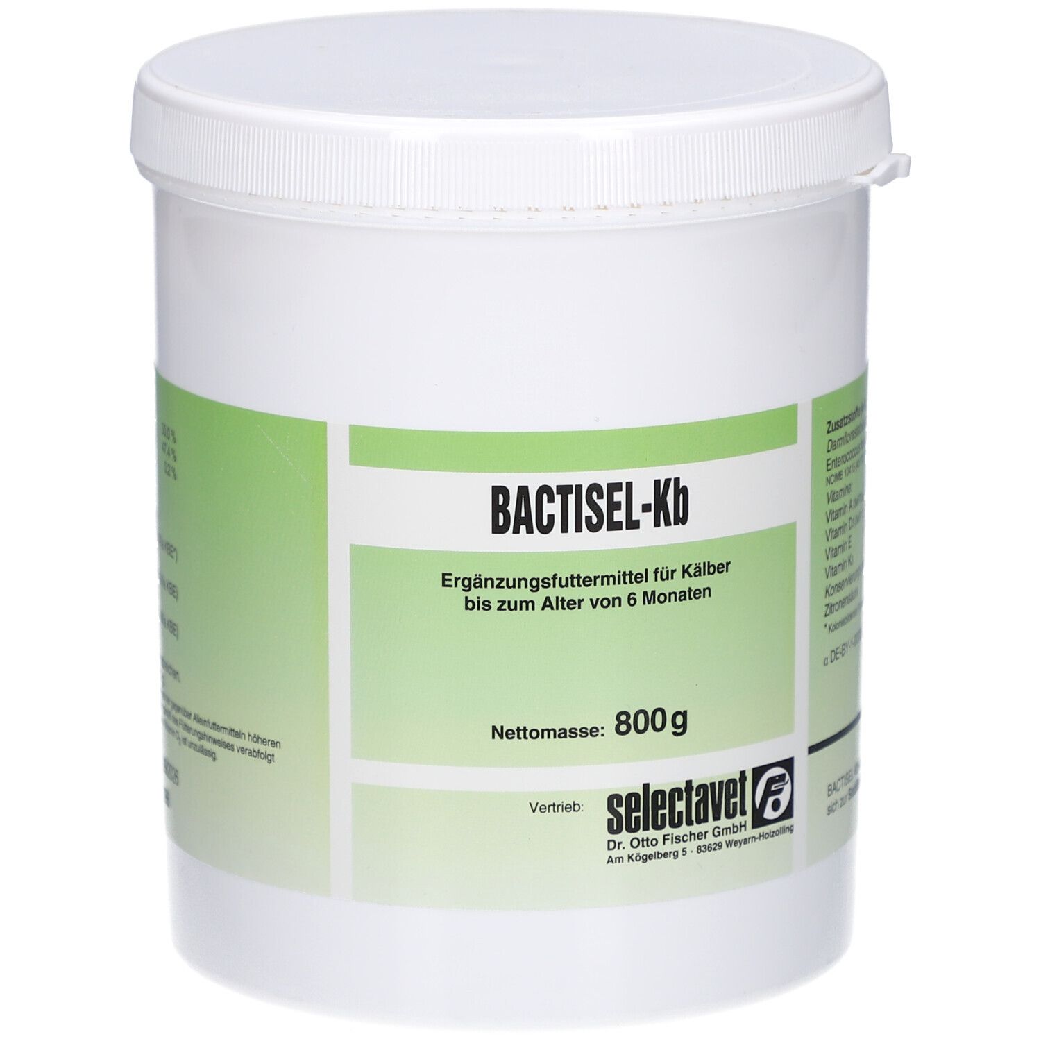Weißer Eimer mit Deckel. Aufschrift: BACTISEL-Kb, Ergänzungsfuttermittel für Kälber. Nettomasse: 800g. Logo selectavet.