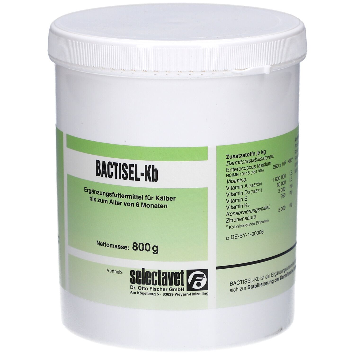 Weißer Eimer mit Deckel. Aufschrift: BACTISEL-Kb, Ergänzungsfuttermittel für Kälber. Nettomasse: 800g. Logo selectavet. Zusatzstoffe.