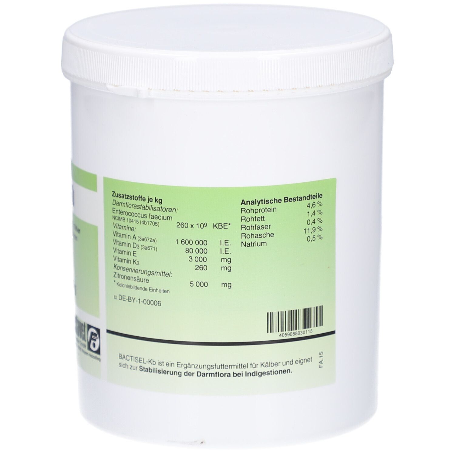 Weißer Eimer, Rückseite mit grüner Beschriftung. Angaben zu Zusatzstoffen und analytischen Bestandteilen. Text zur Stabilisierung der Darmflora.