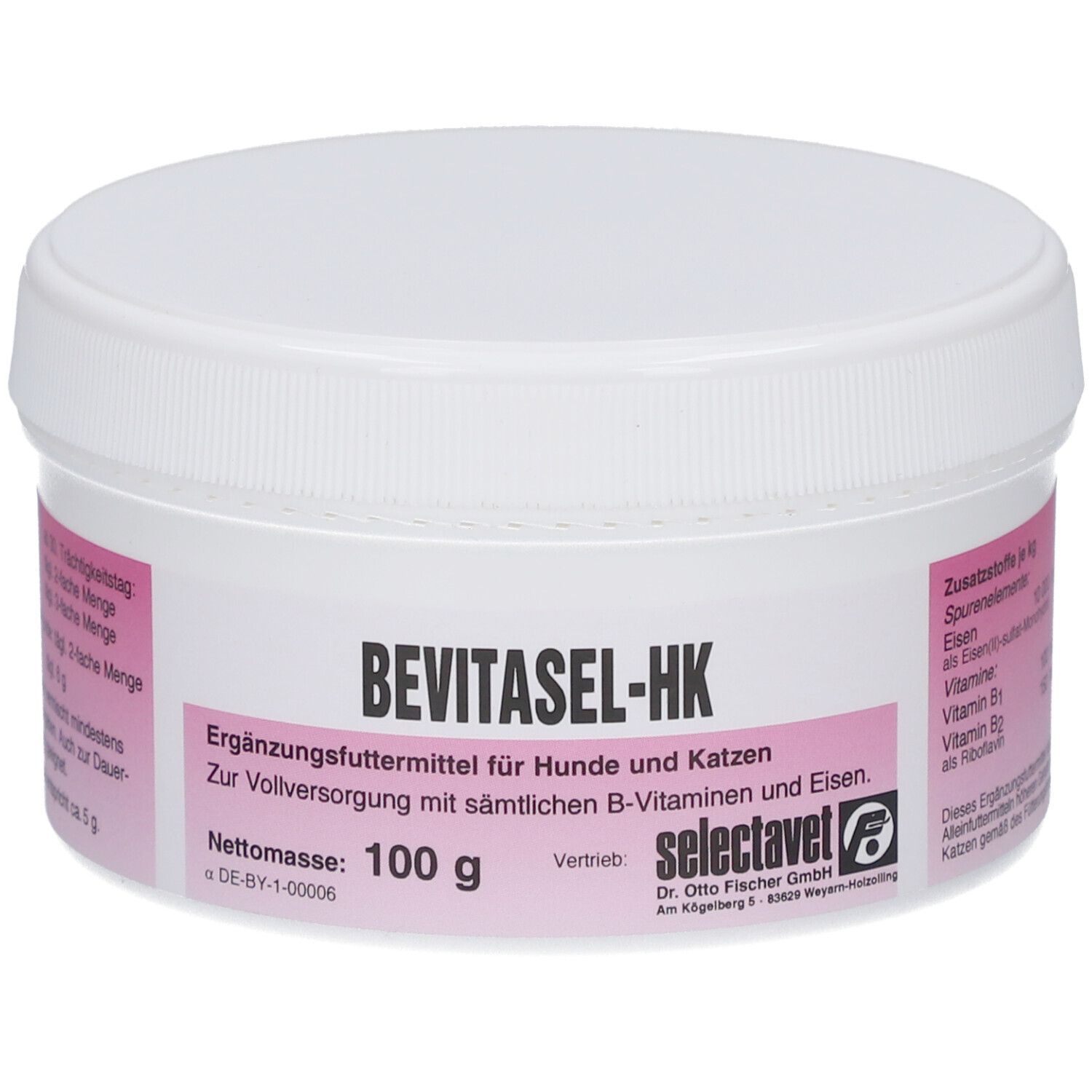 Weißer Behälter mit rosa Etikett. Aufschrift: BEVITASEL-HK, Ergänzungsfuttermittel für Hunde und Katzen. Nettomasse: 100 g.