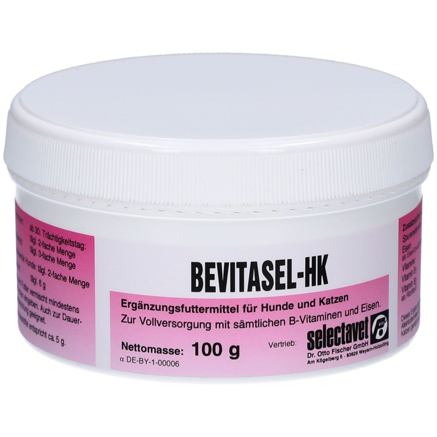 Weißer Behälter mit rosa Etikett. Aufschrift: BEVITASEL-HK, Ergänzungsfuttermittel für Hunde und Katzen. Nettomasse: 100 g.