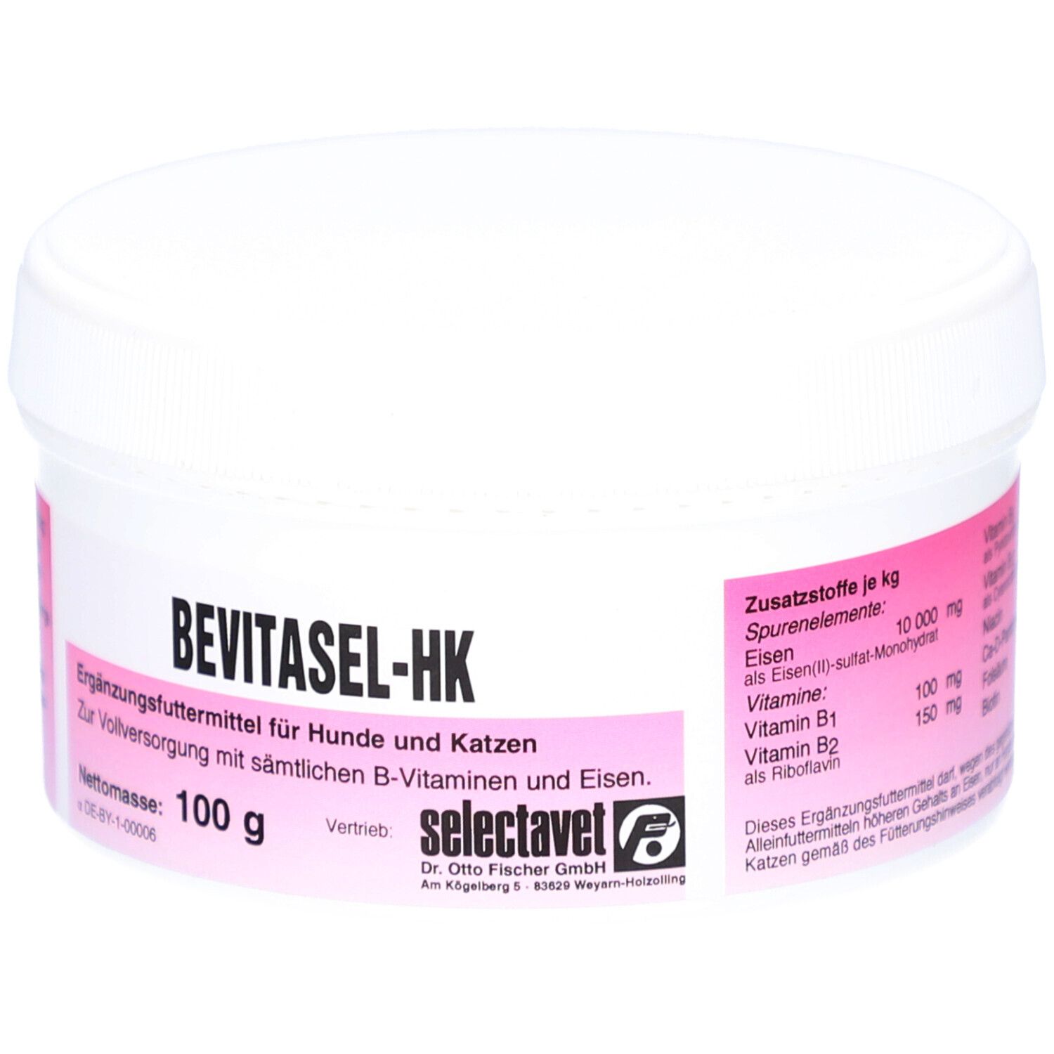 Weißer Behälter mit rosa Etikett. Aufschrift: BEVITASEL-HK, Ergänzungsfuttermittel für Hunde und Katzen. Nettomasse: 100 g.